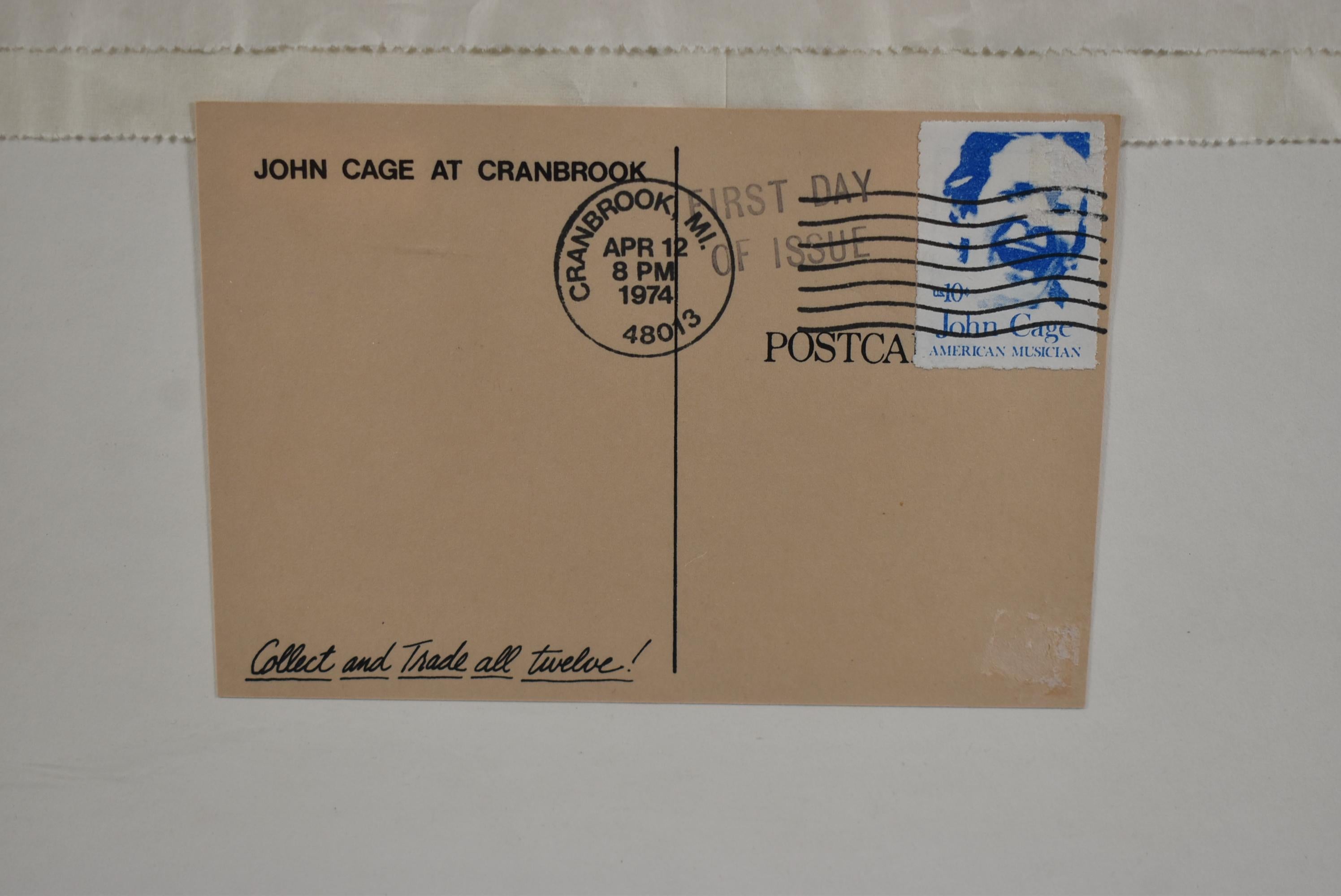 Mixed media by John Cage (1912-1992). Bag with John Cage along with a post card with his image on the stamp from Cranbrook (MI) post marked April12, 1984. Part of an exhibition by Cage at Cranbrook School of The Arts. Created in the print