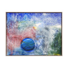 Pintura expresionista abstracta azul, roja y verde con elementos geométricos