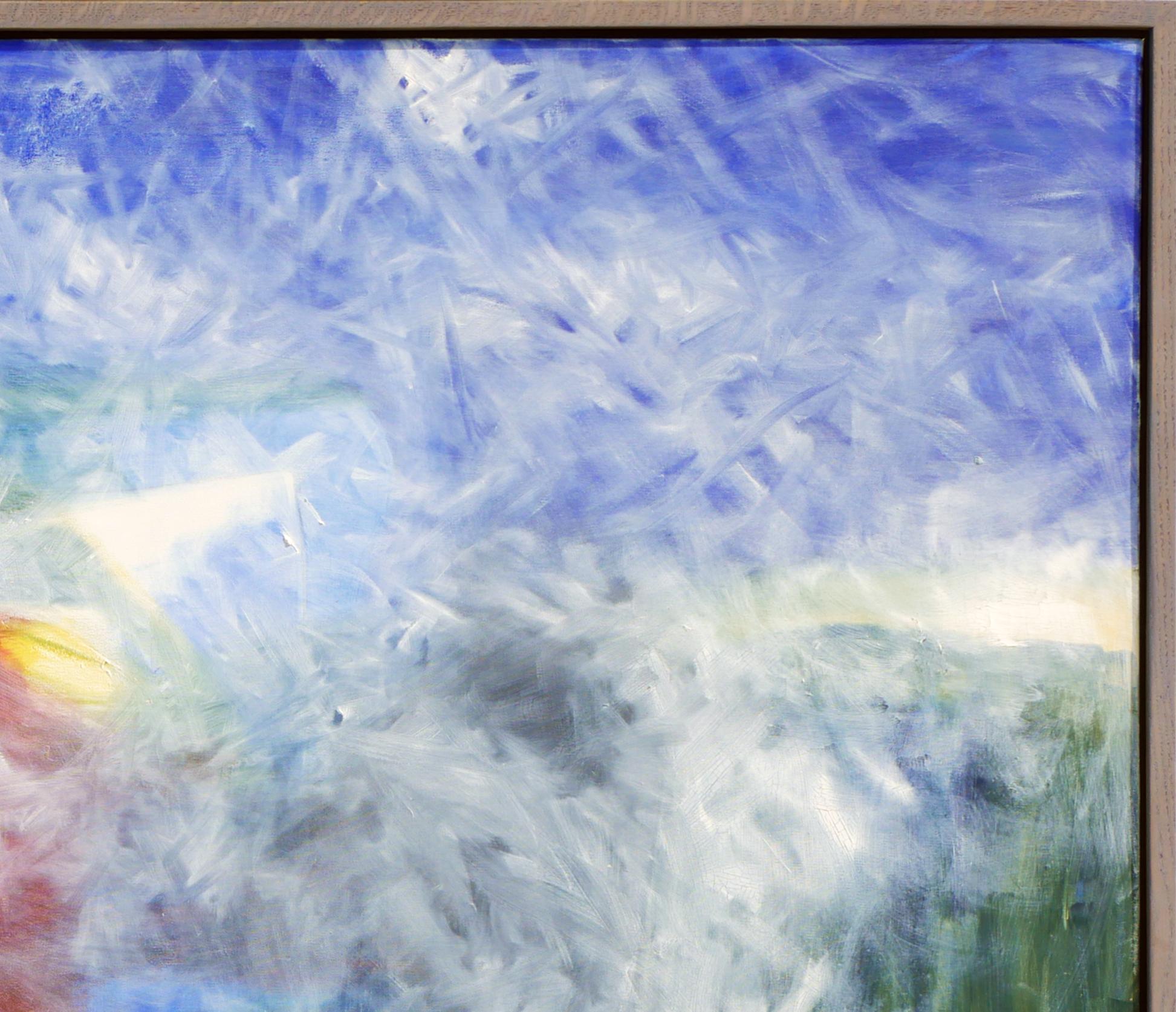 Peinture abstraite colorée de l'artiste John Calaway de Corpus Christi, TX. La pièce représente un champ de couleurs bleu, vert, rouge et jaune avec un cercle bleu vif en bas à gauche. On remarque également des touches de blanc sur la toile, qui