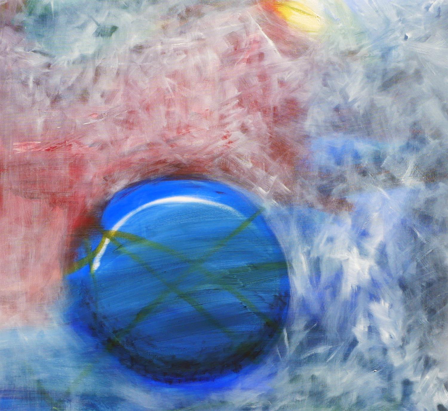Peinture expressionniste abstraite bleue, rouge et verte avec éléments géométriques en vente 3