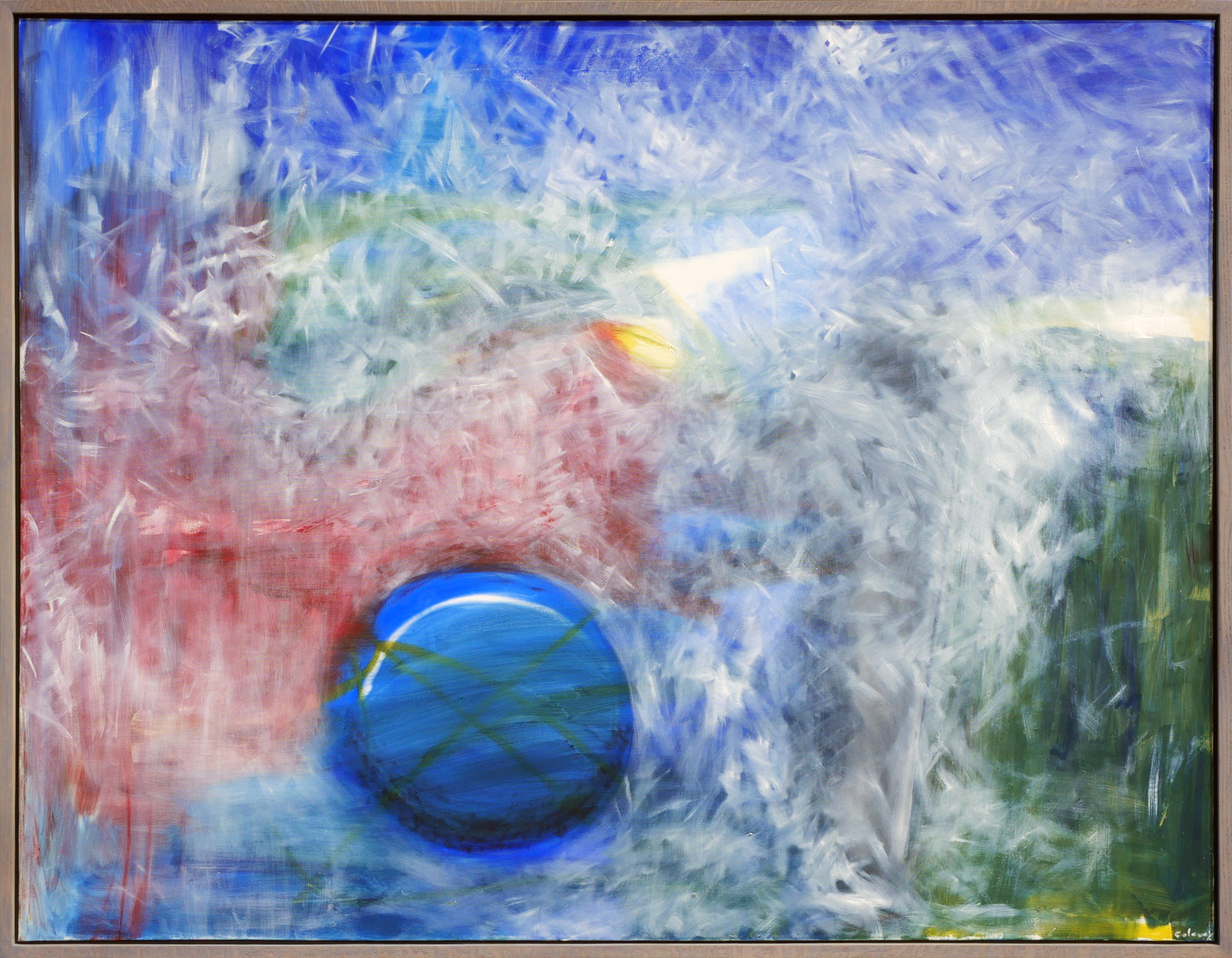 Abstract Painting John Calaway - Peinture expressionniste abstraite bleue, rouge et verte avec éléments géométriques