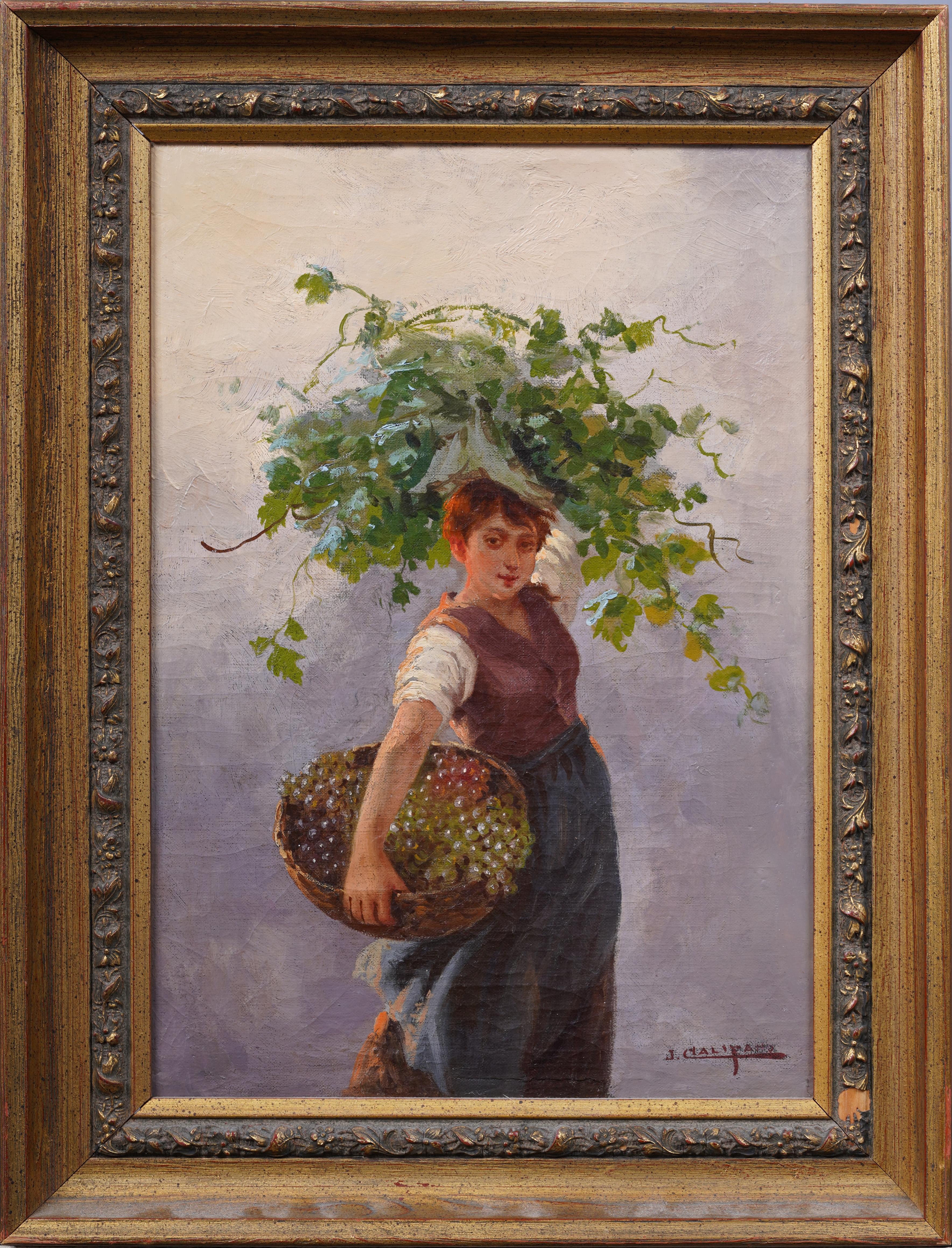 Antique American Impressionist Italian Woman Grape Farmer Portrait Oil Painting - Brown Portrait Painting by John Califano