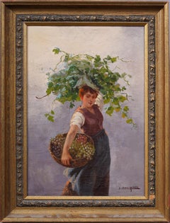 Antique American Impressionist Italian Woman Grape Farmer Portrait Oil Painting