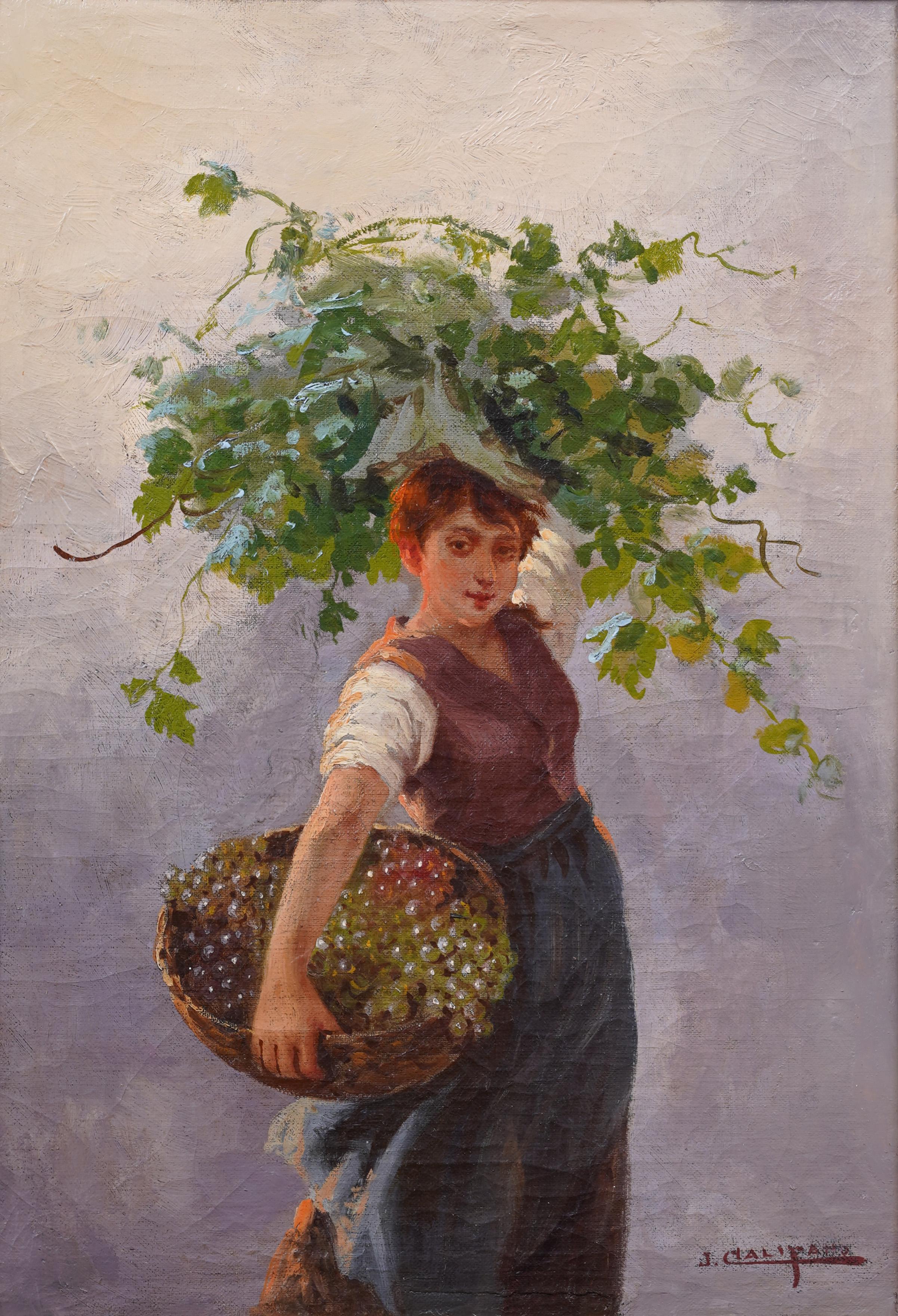 Antique American Impressionist Italian Woman Grape Farmer Portrait Oil Painting For Sale 1