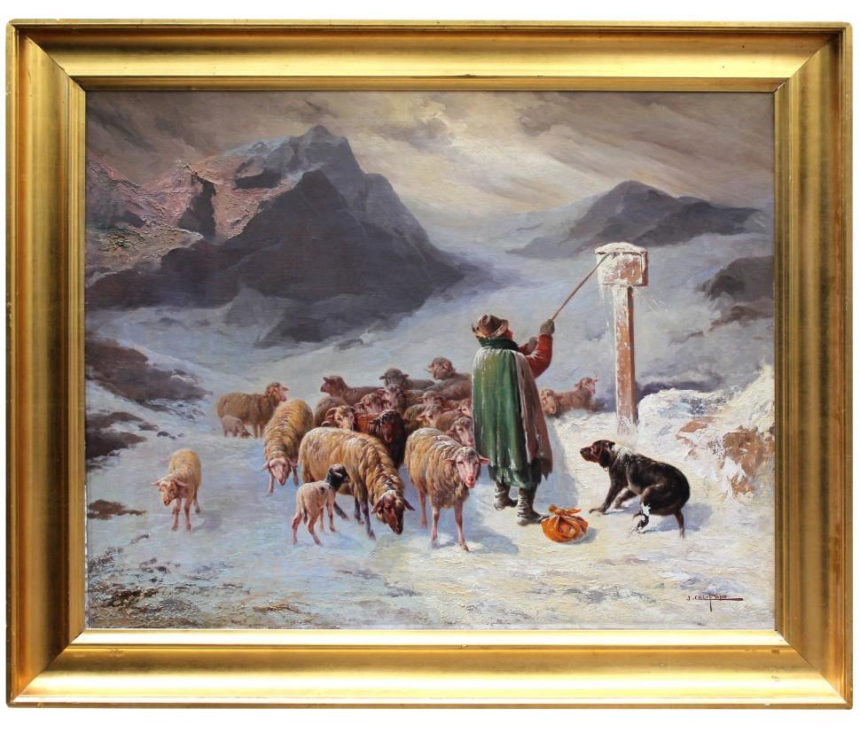 John Califano (Roma, 1864 – Chicago, 1924)

Paesaggio montuoso innevato

Olio su tela, cm 74 x 90 

Con cornice cm 90 x 107

Firmato in basso a destra

La piacevole veduta invernale in esame è firmata in basso a destra dal pittore John Califano