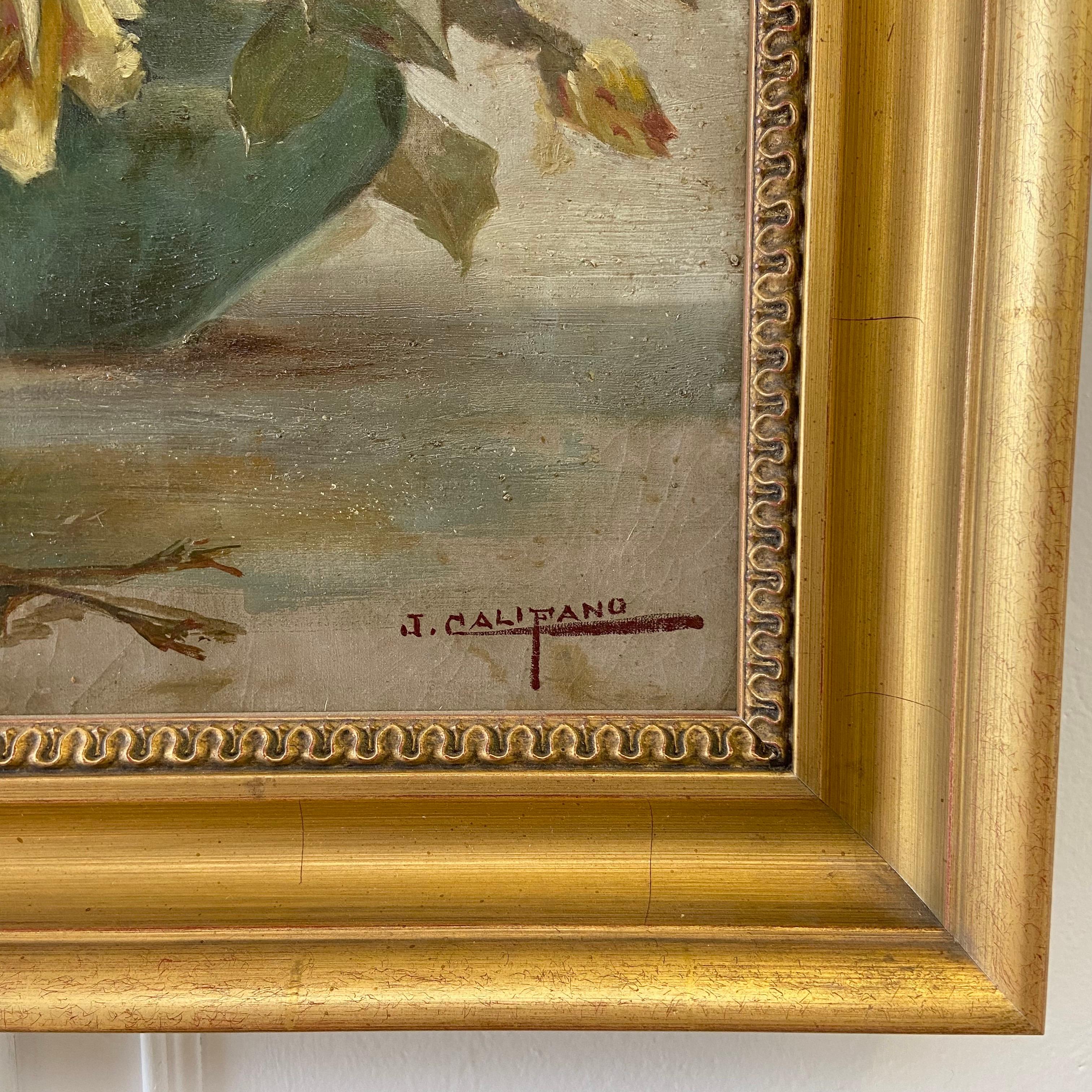 Oil painting of yellow roses in a bowl by John Califano (1864-1924)
Gilt wood frame, ready to hang
Size: 28-1/2” W x 20-1/2” H 2-1/4” D.