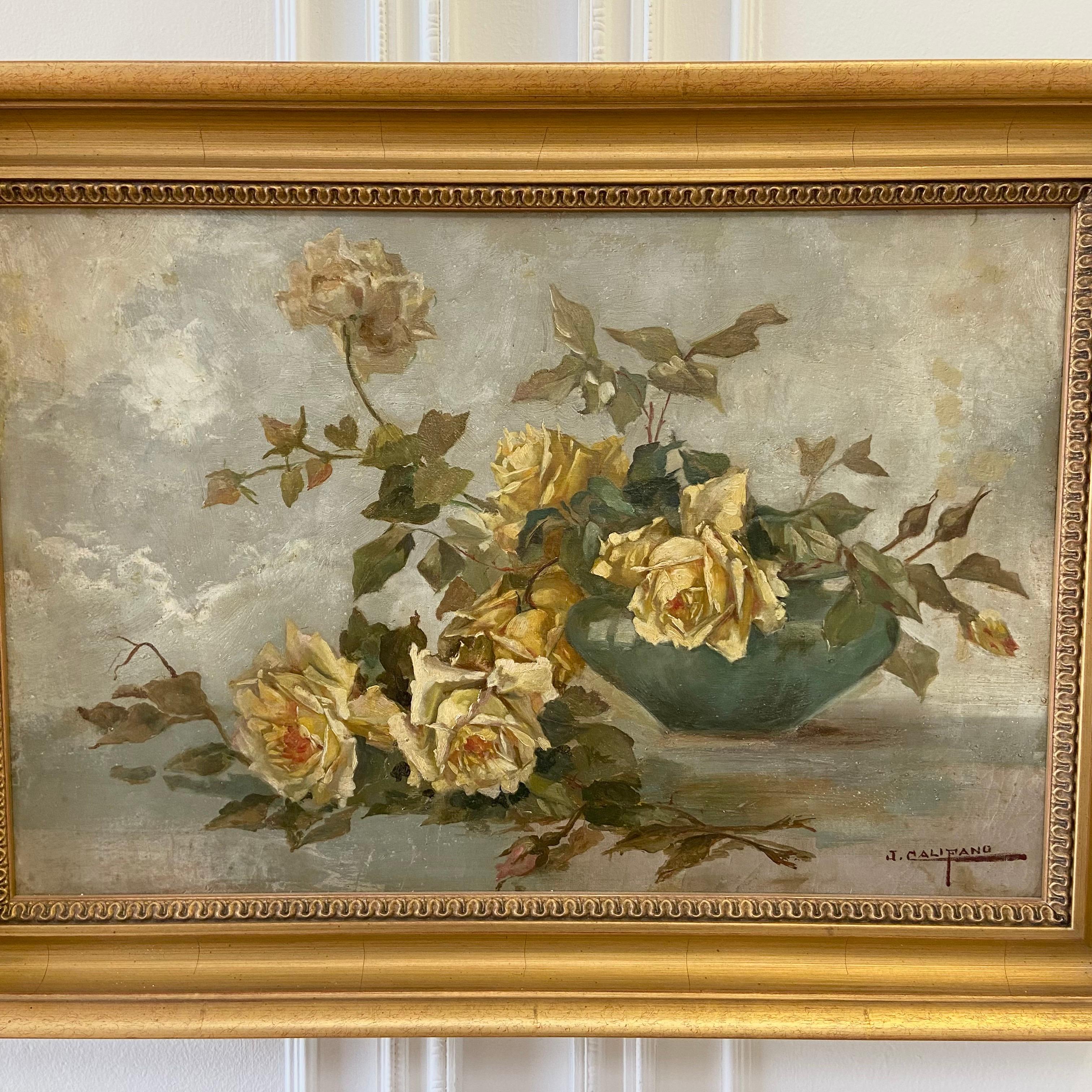 Toile Peinture à l'huile signée John Califano représentant des roses dans un bol en vente