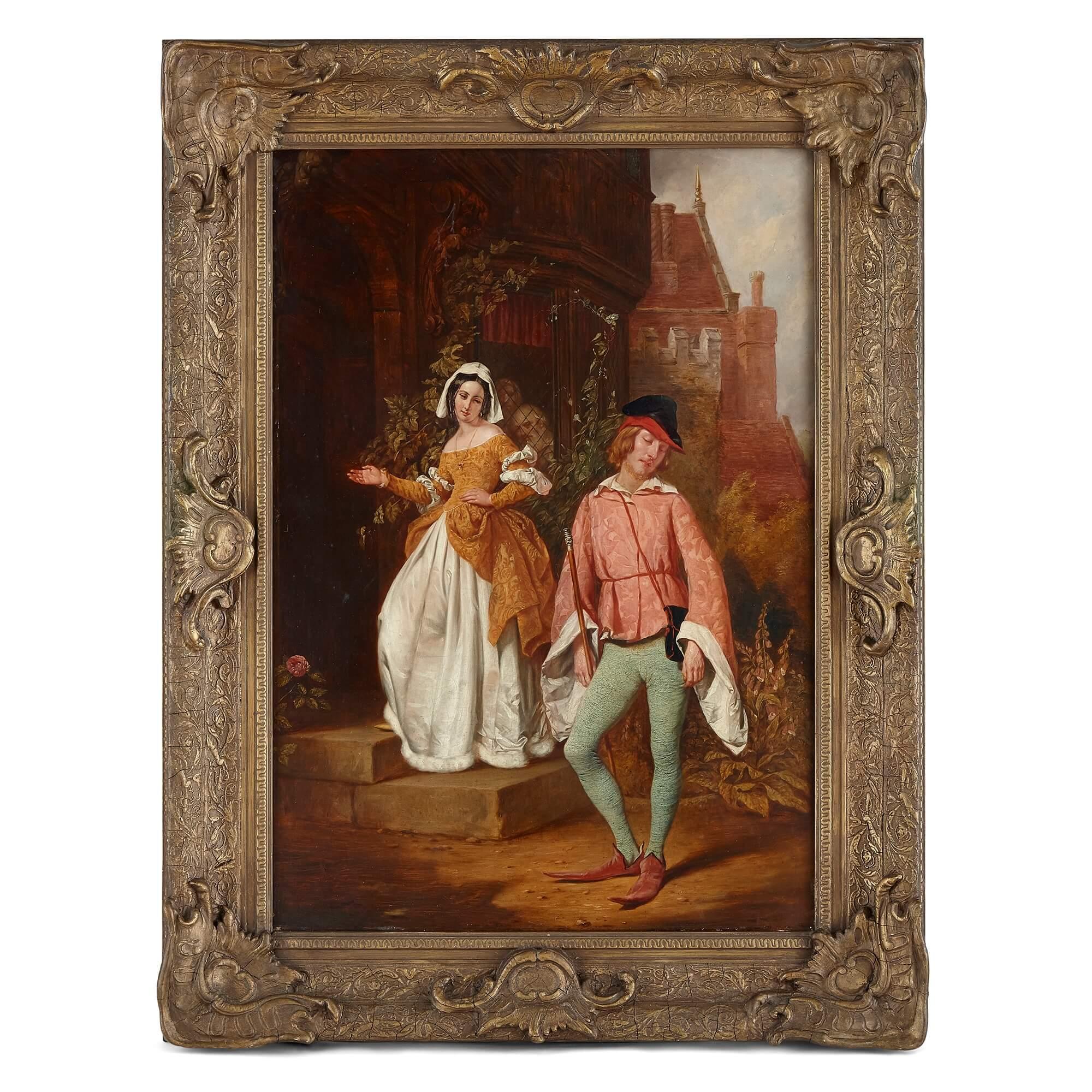 Interior Painting John Callcott Horsley - Peinture à l'huile ancienne d'une scène de la série Merry Wives of Windsor de Shakespeare
