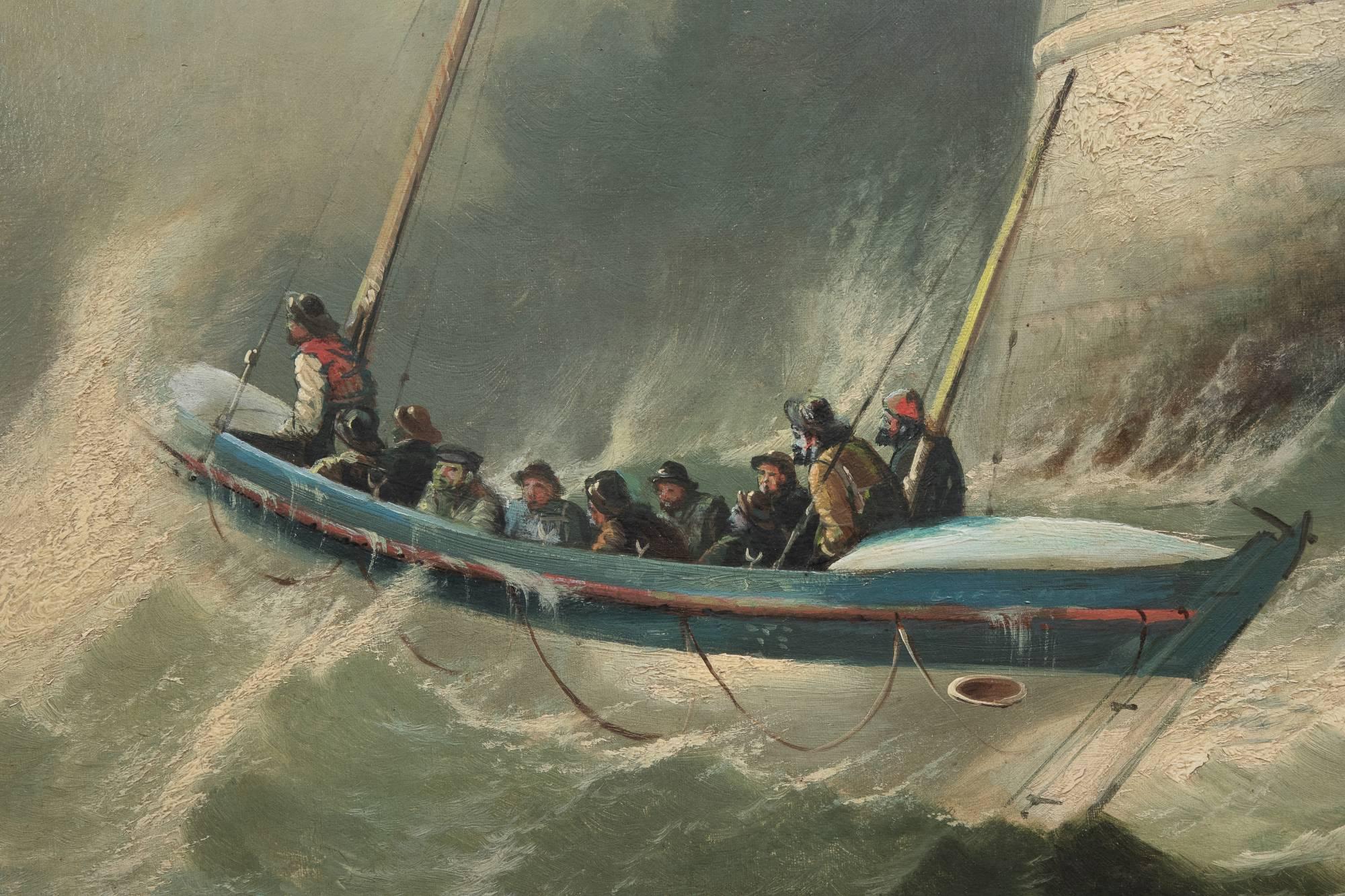 Oil of a Lifeboat in an Oval Gilt Frame by  John Callow, 1822-1878 For Sale 1