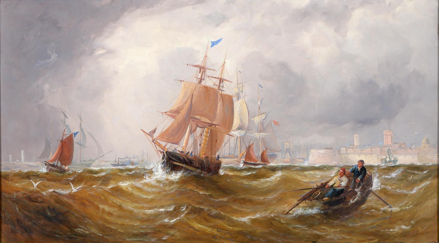 Frente al puerto de Portsmouth siglo XIX óleo , john callow - Painting de John Callow