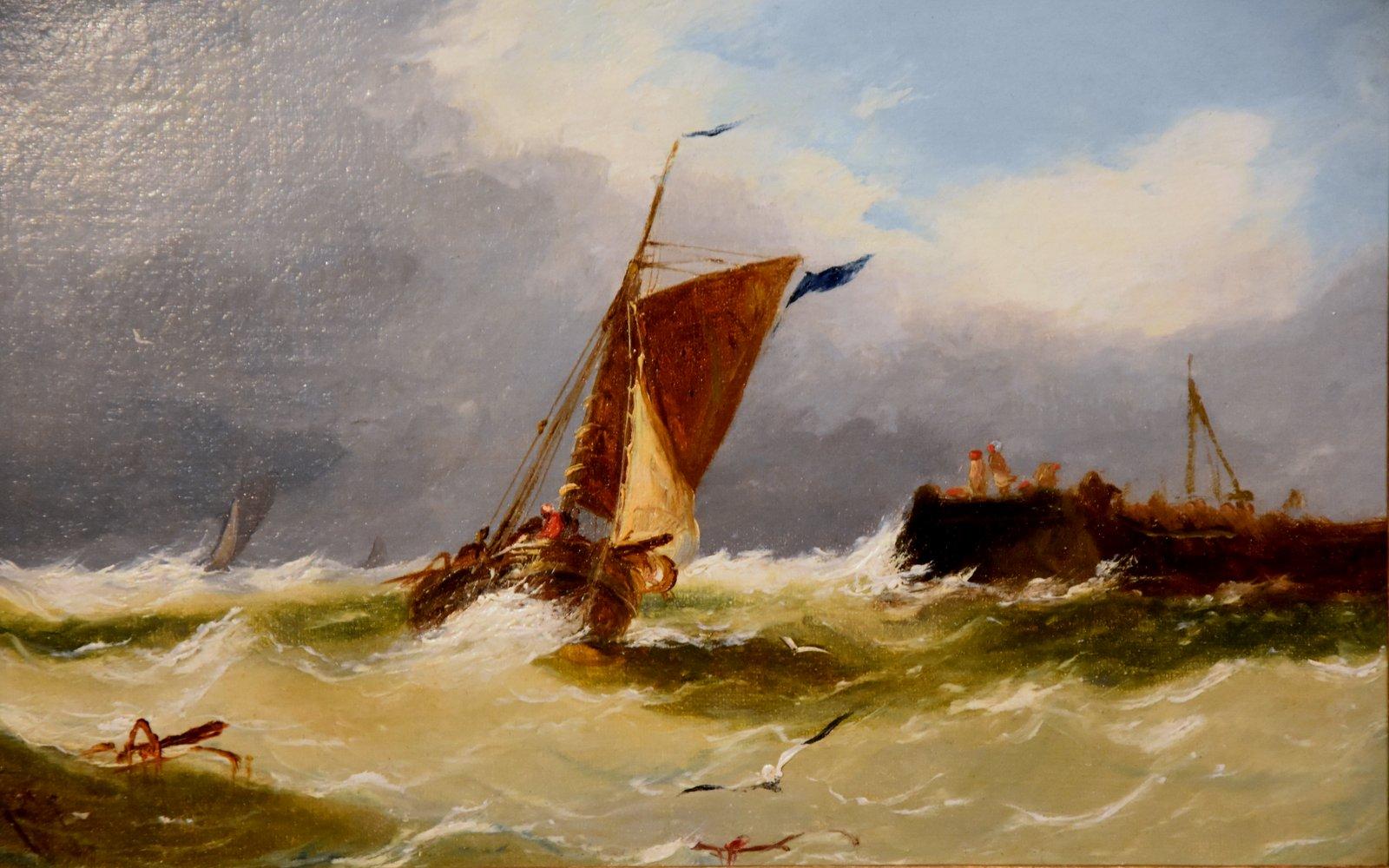 Peinture à l'huile attribuée à John Callow « Une journée de brouillard au large de la côte » 1