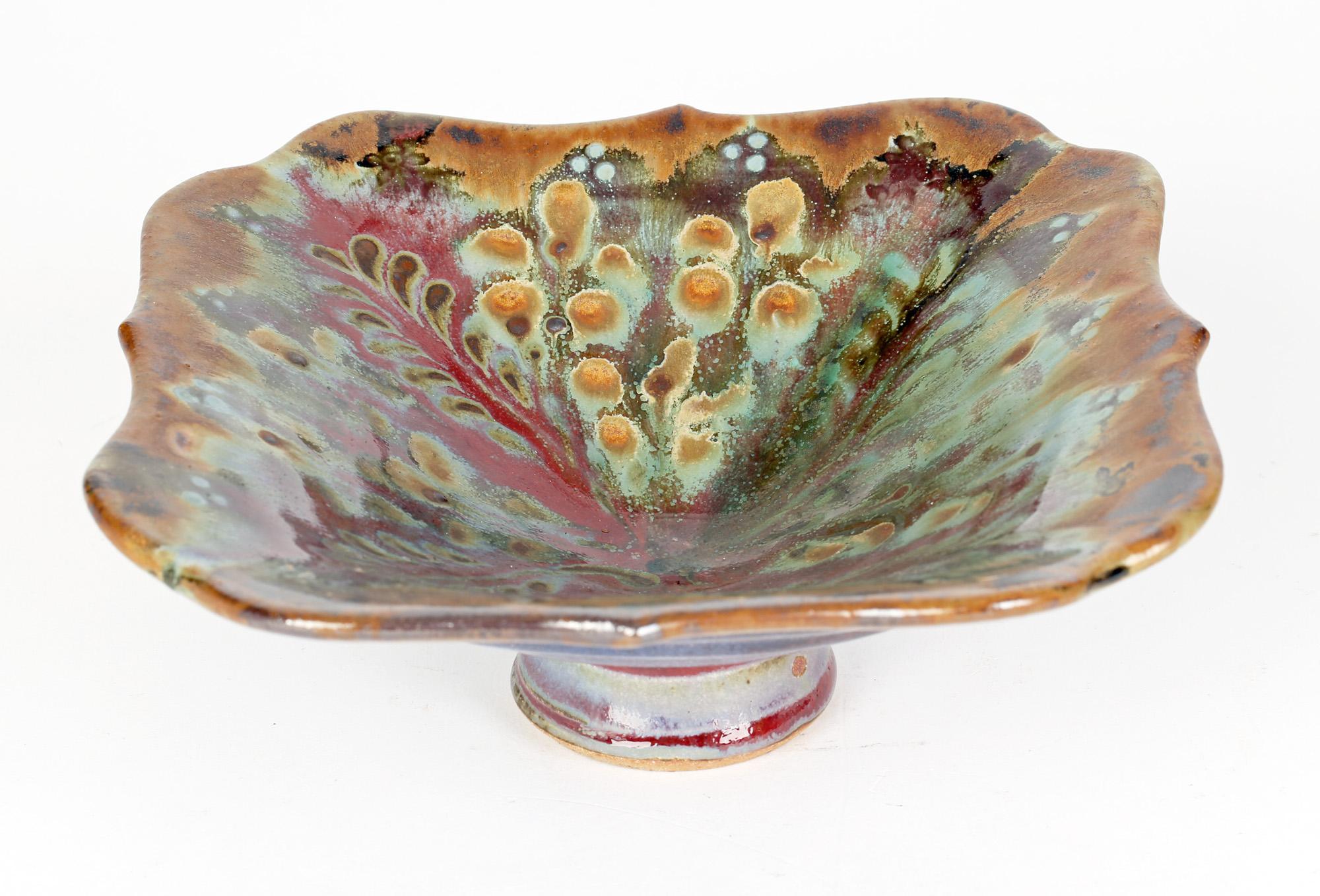 John Calver Multiple Glaze Trailed Studio Pottery Pedestal Dish For Sale 1