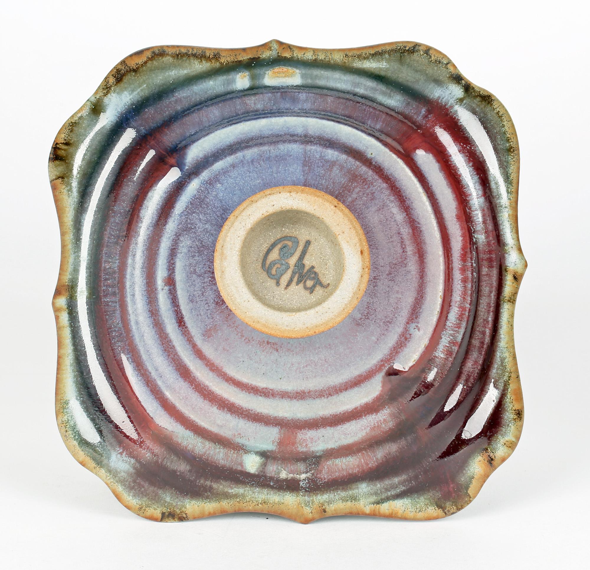 John Calver Multiple Glaze Trailed Studio Pottery Pedestal Dish For Sale 2