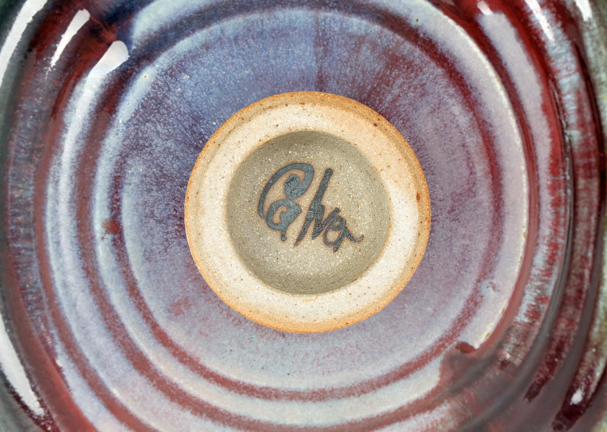 John Calver Multiple Glaze Trailed Studio Pottery Pedestal Dish For Sale 3