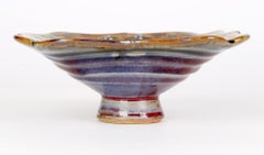 John Calver Multiple Glaze Trailed Studio Pottery Pedestal Dish