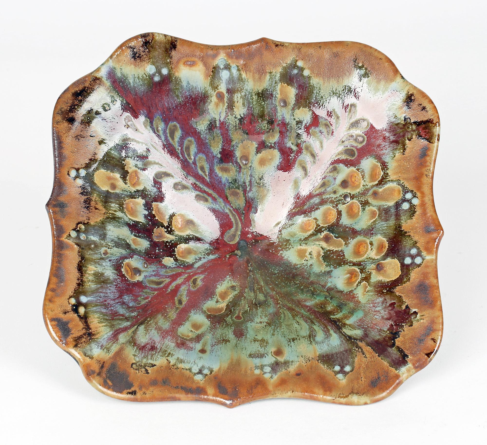Modern John Calver Multiple Glaze Trailed Studio Pottery Pedestal Dish For Sale