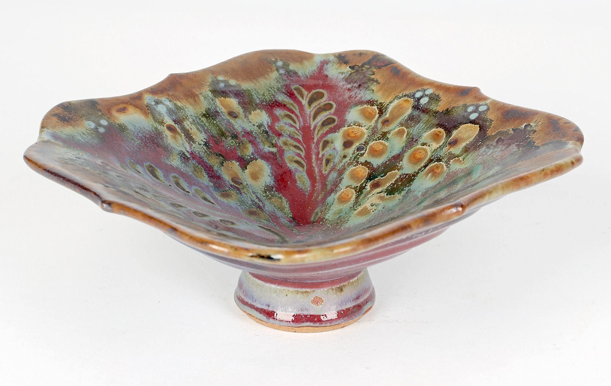 British John Calver Multiple Glaze Trailed Studio Pottery Pedestal Dish For Sale