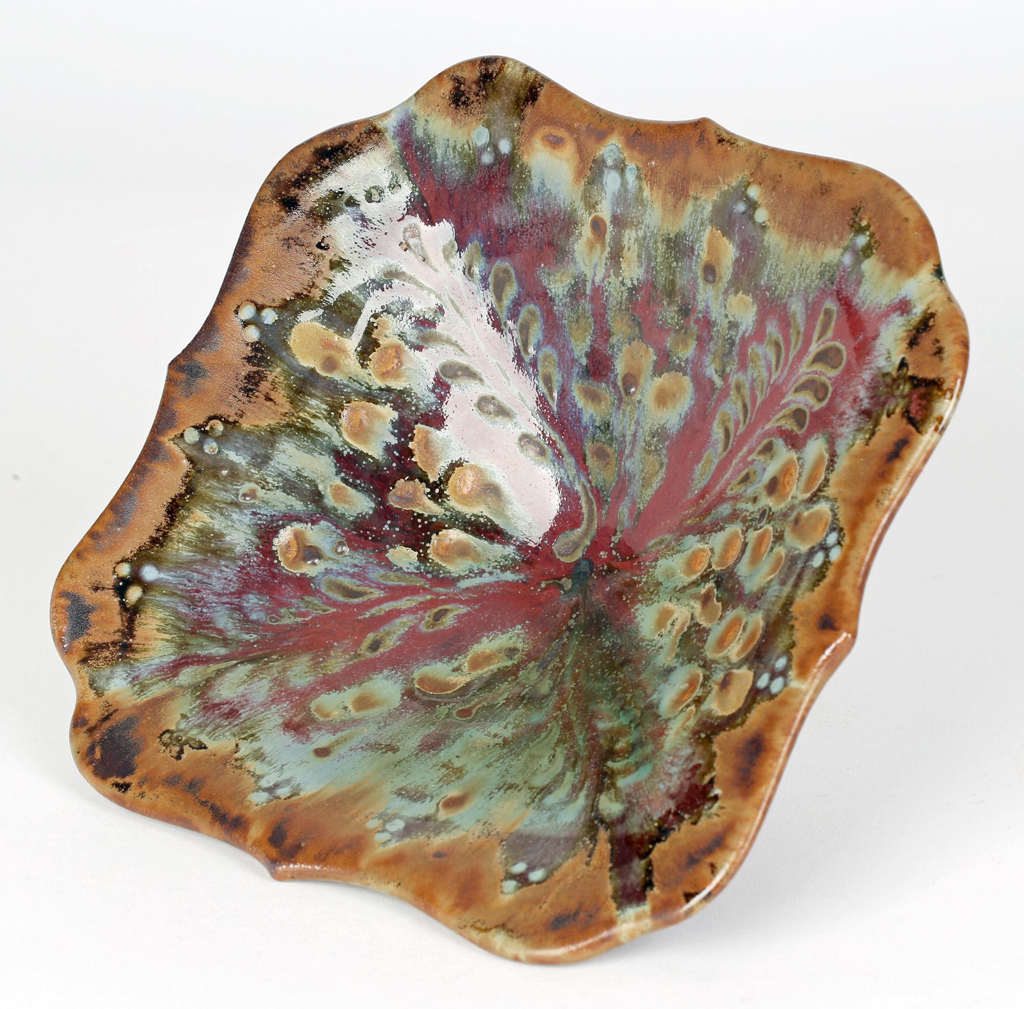 Glazed John Calver Multiple Glaze Trailed Studio Pottery Pedestal Dish For Sale