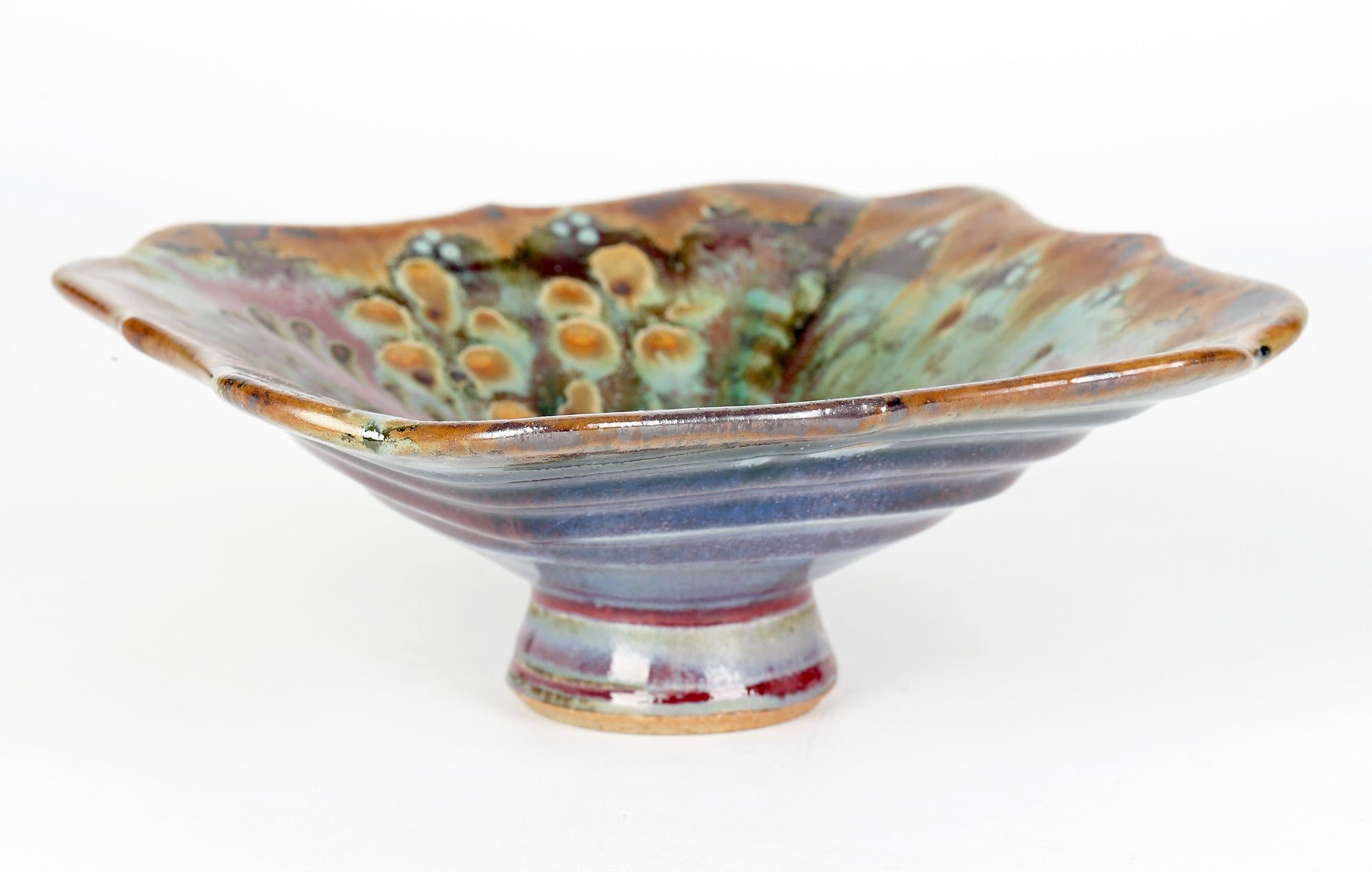 John Calver Multiple Glaze Trailed Studio Pottery Pedestal Dish In Good Condition For Sale In Bishop's Stortford, Hertfordshire