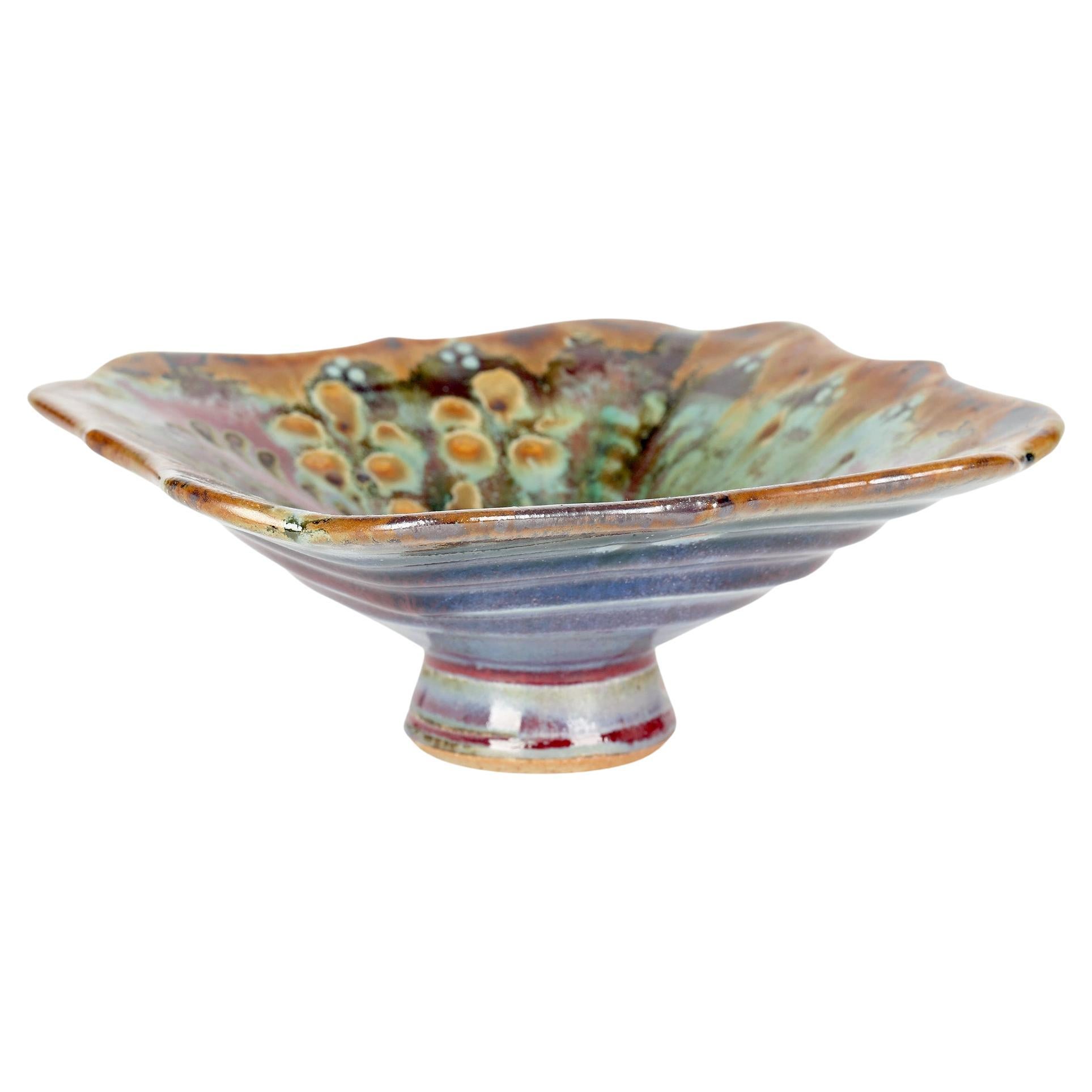 John Calver Multiple Glaze Trailed Studio Pottery Pedestal Dish For Sale