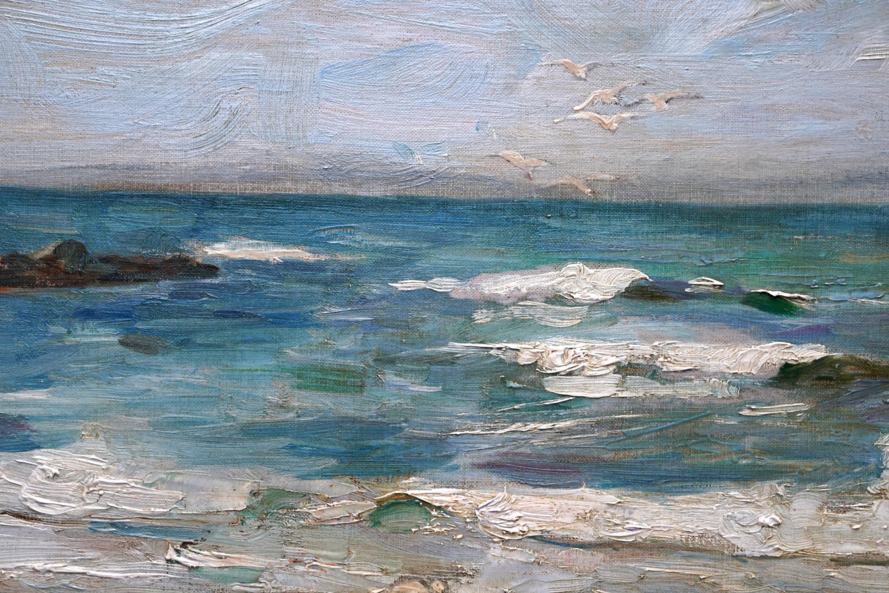 Cette superbe peinture à l'huile impressionniste écossaise de style édouardien est attribuée à l'artiste écossais de renom John Campbell Mitchell RSA. Peint vers 1910, il pourrait s'agir de Crammond, à Édimbourg. La vue s'étend sur une partie de la