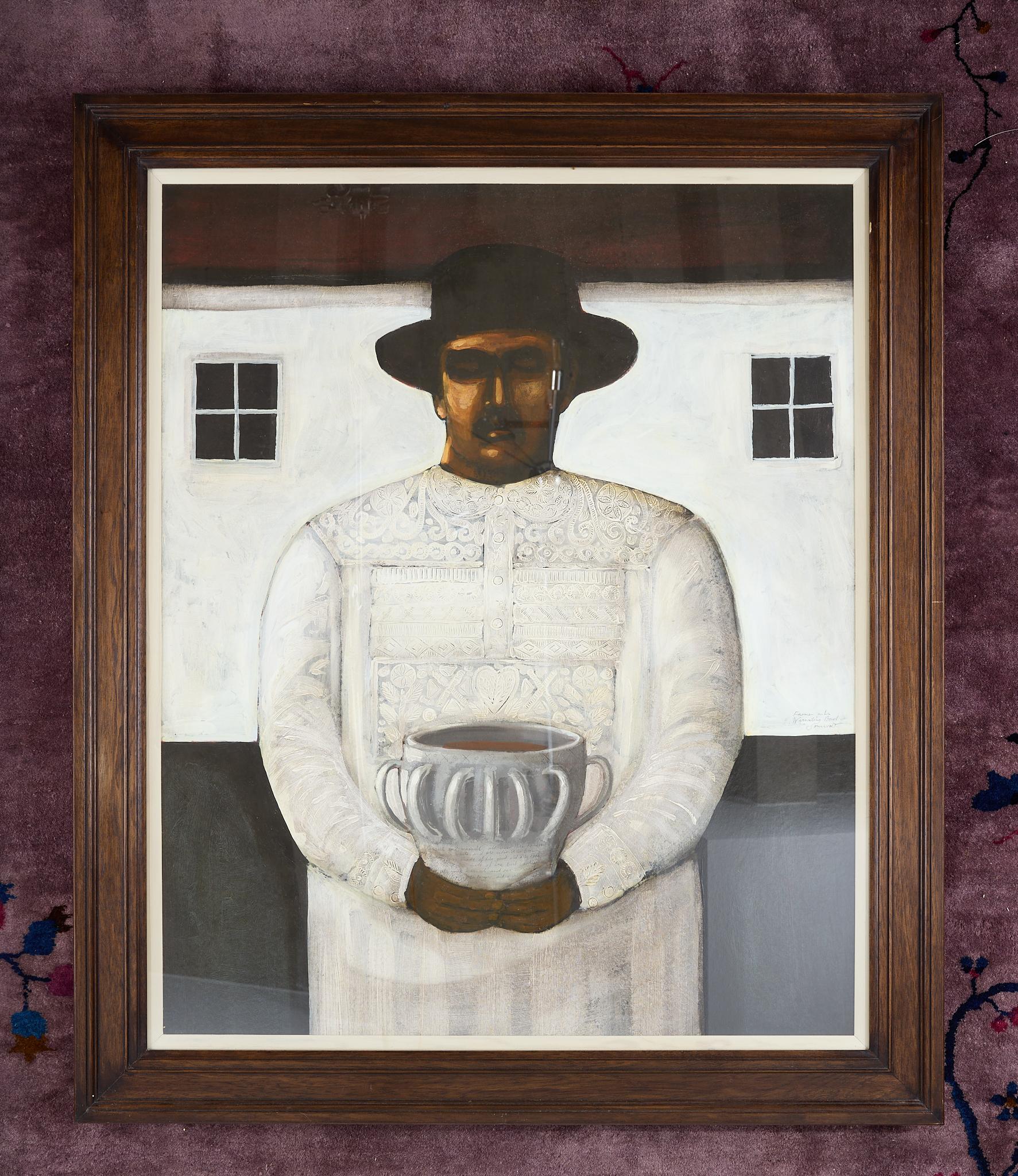 Farmer with Wassailing Bowl, Somerset, by John Caple, British, Born 1966
Mixed media, signed and titled. Framed in a substantial oak frame.
This is a powerful and moving piece by  renowned contemporary British painter John Caple, depicting a peasant