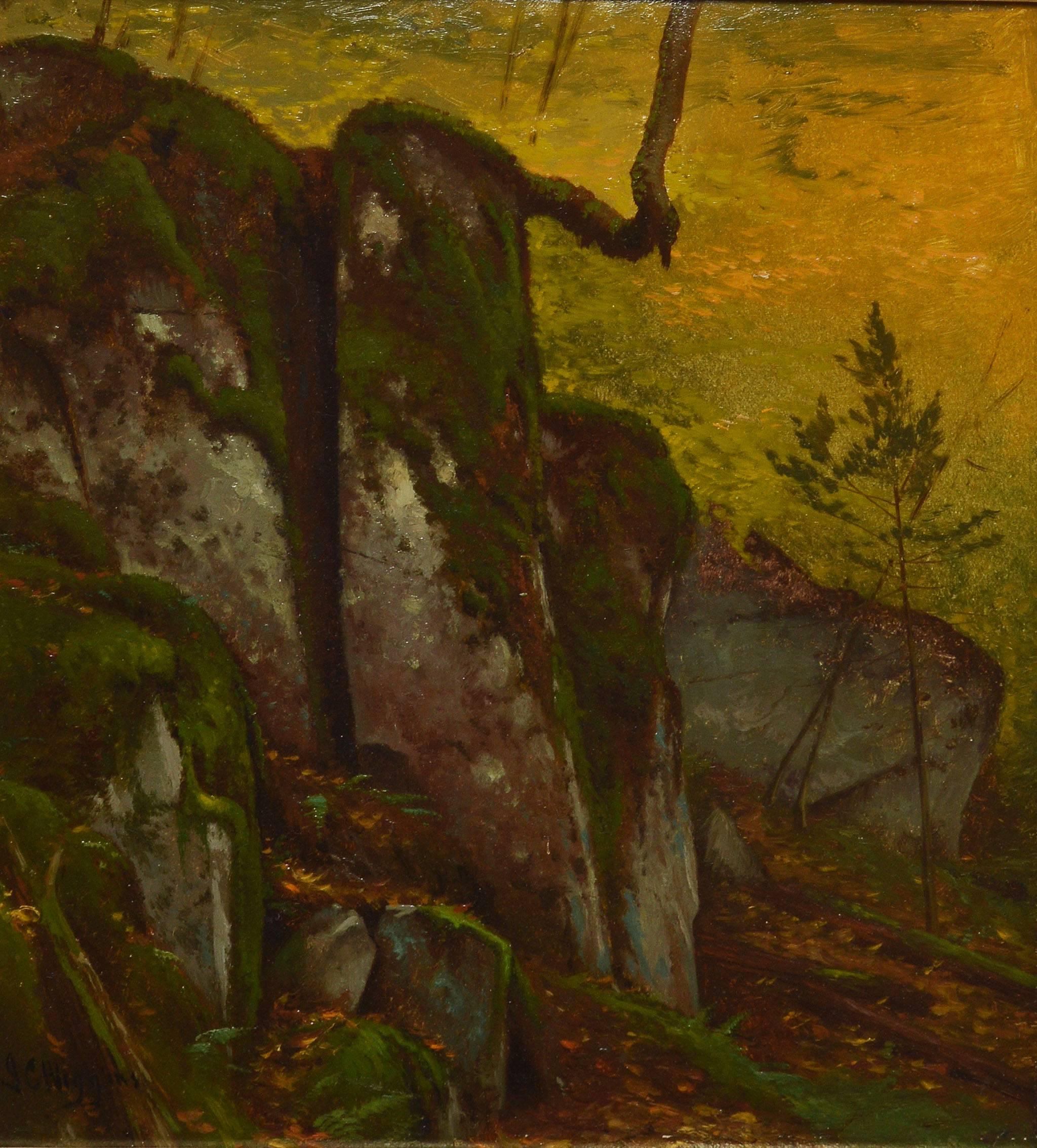 Antique American Hudson River School Sunlit Forest Landscape by John C. Wiggins - Brown Landscape Painting by John Carleton Wiggins