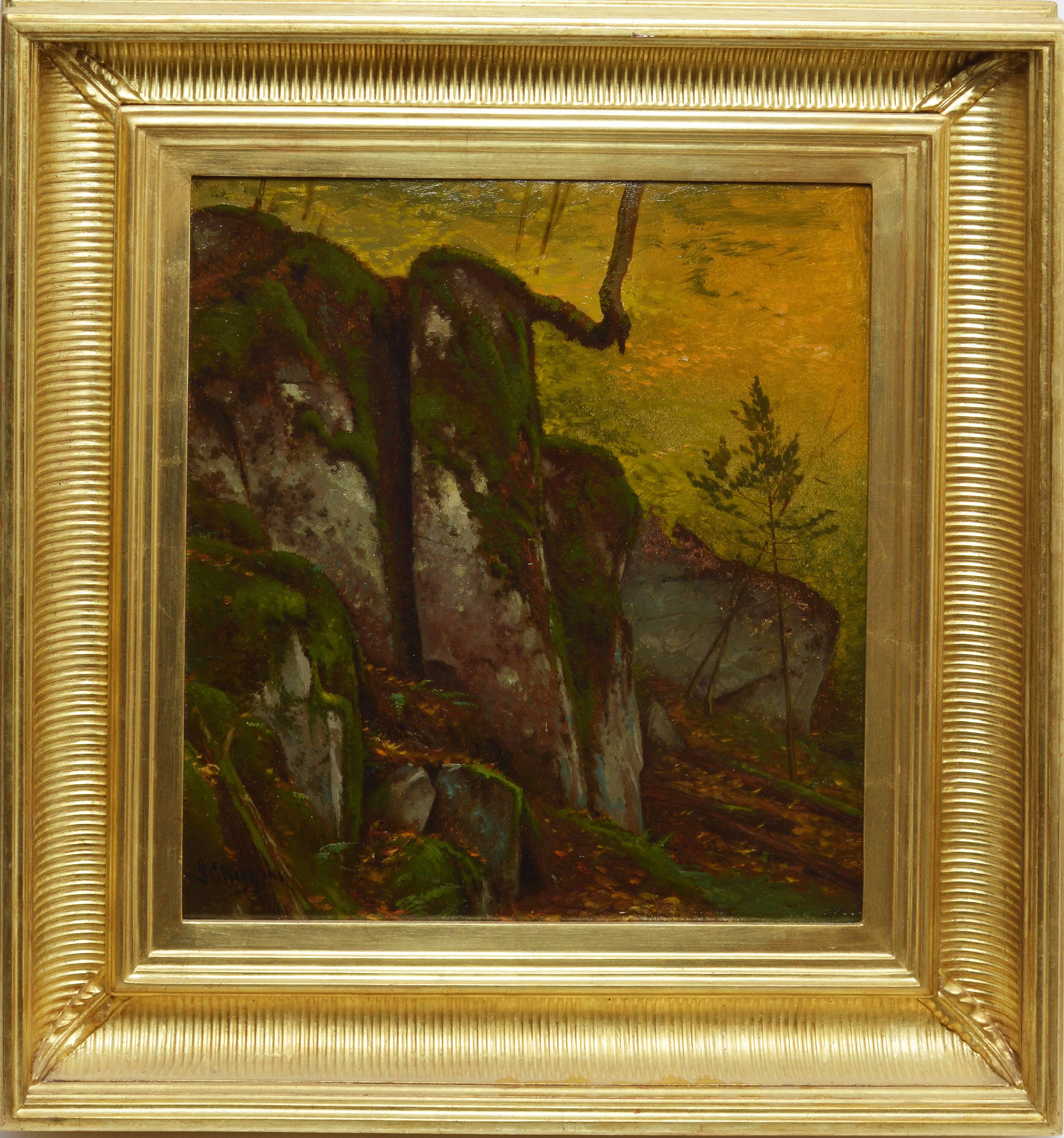 John Carleton Wiggins Landscape Painting - Antique American Hudson River School Sunlit Forest Landscape by John C. Wiggins