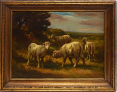 Antique Sunset Landscape Oil Painting, Sheep Grazing by Carleton J Wiggins