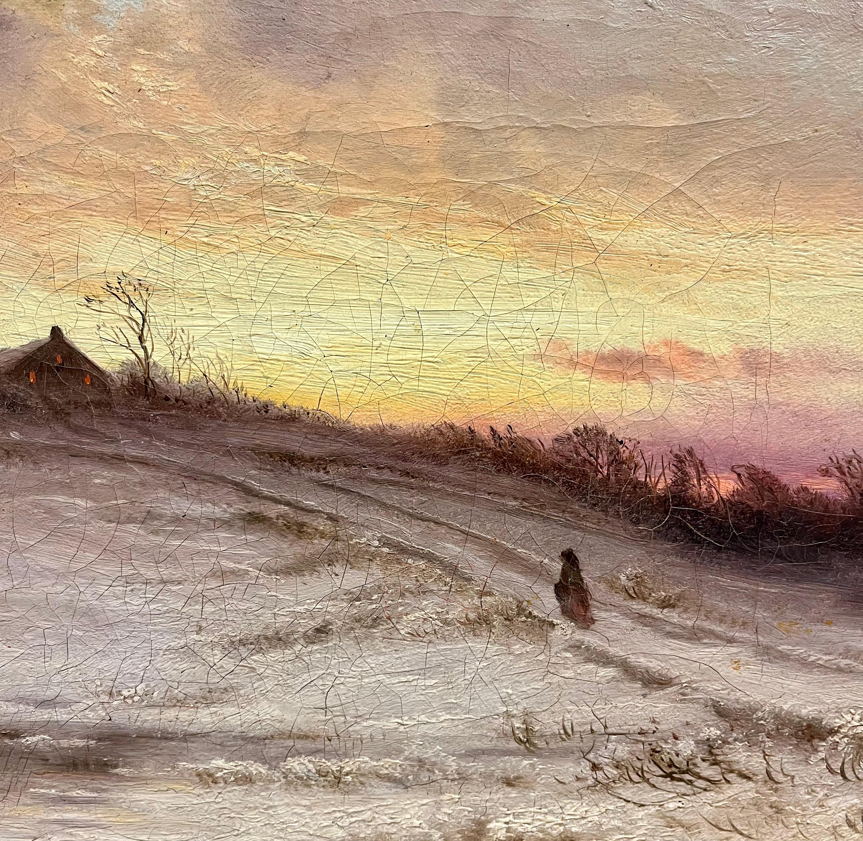 Walking Home in the Snow di John Carleton Wiggins è un affascinante paesaggio invernale che evoca la tranquilla bellezza della vita rurale. Il dipinto raffigura una figura solitaria, probabilmente una giovane donna, che cammina su un sentiero