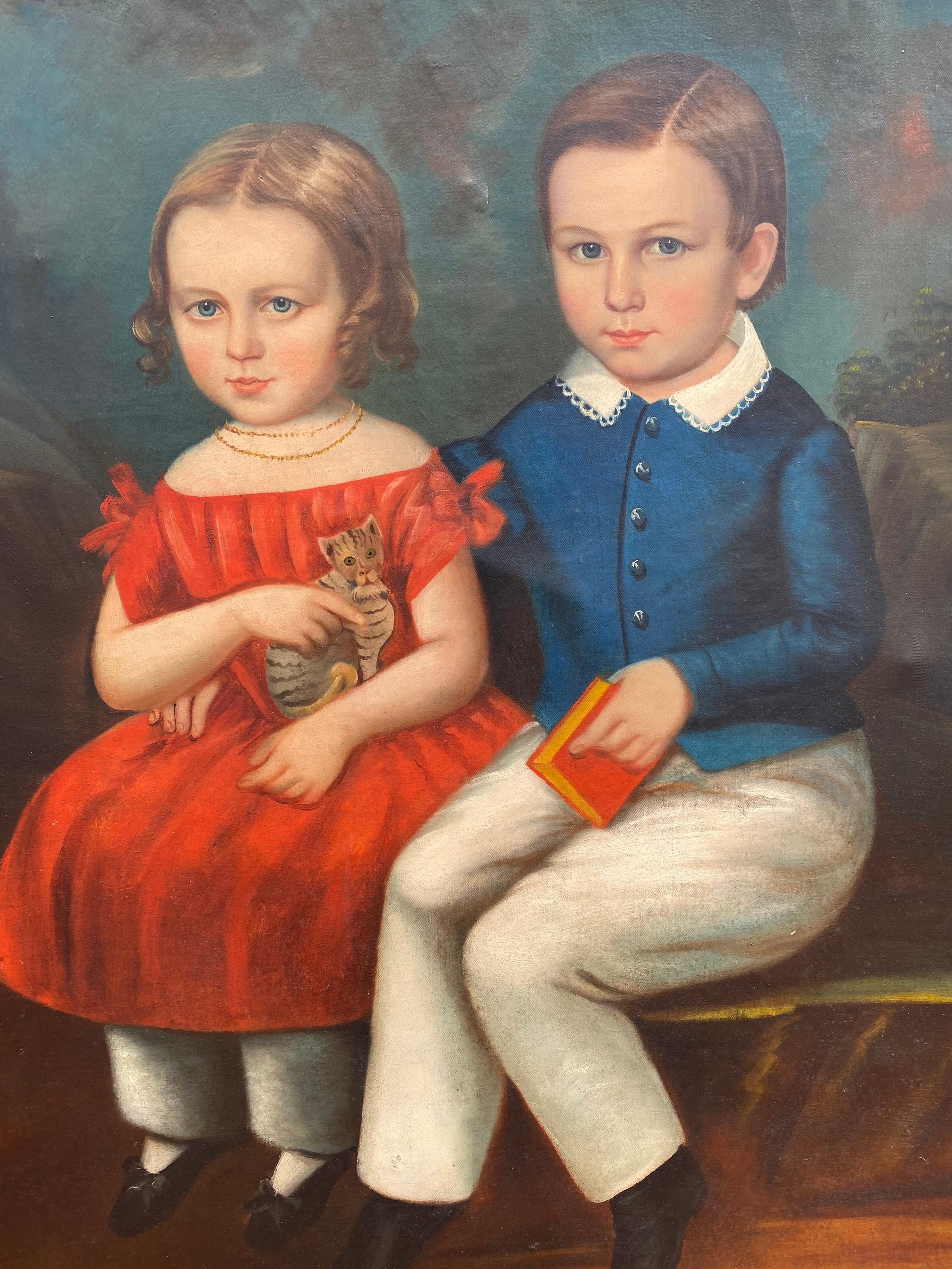 
Beautiful original oil on canvas double portrait painting of a young boy and girl with cat (moist likely brother and sister) attributed to the hand of American artist, John Carlin.  Double portraits are a rarity and this particular one is a superb