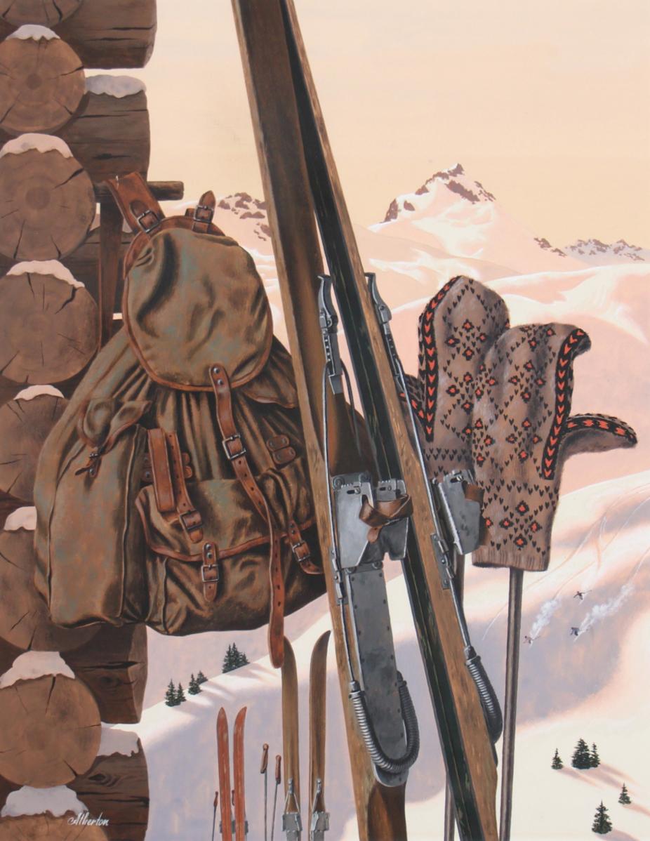 John Carlton Atherton Still-Life Painting - At the Ski Resort, Saturday Evening Post Cover 