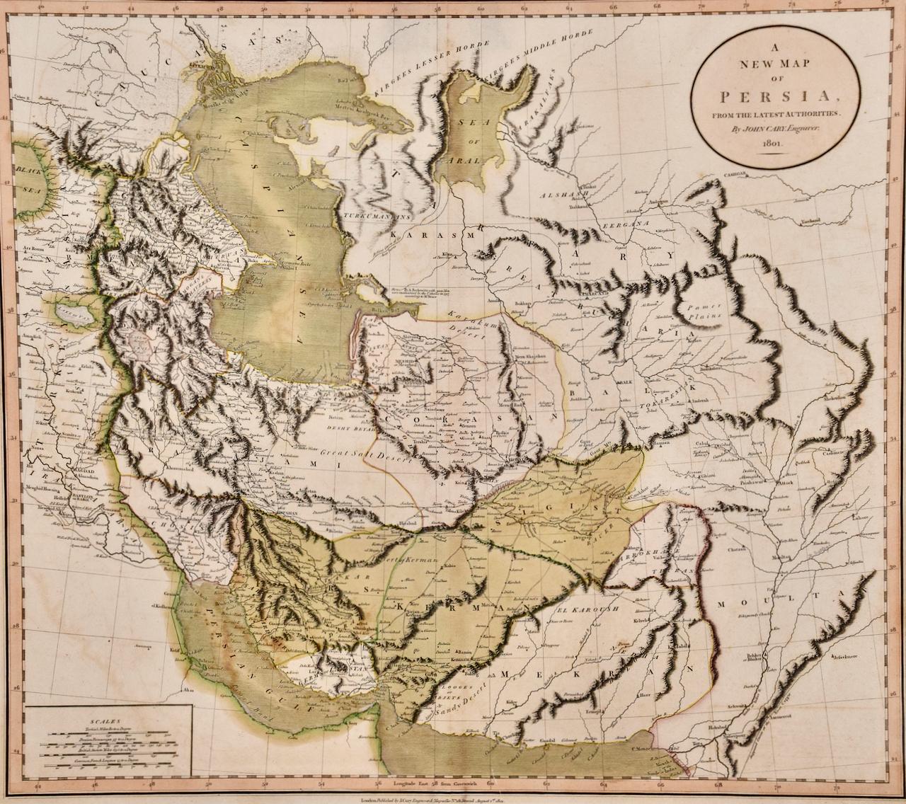 Persien und Afghanistan: Eine gerahmte, handkolorierte Karte aus dem 17. Jahrhundert von John Cary im Angebot 1