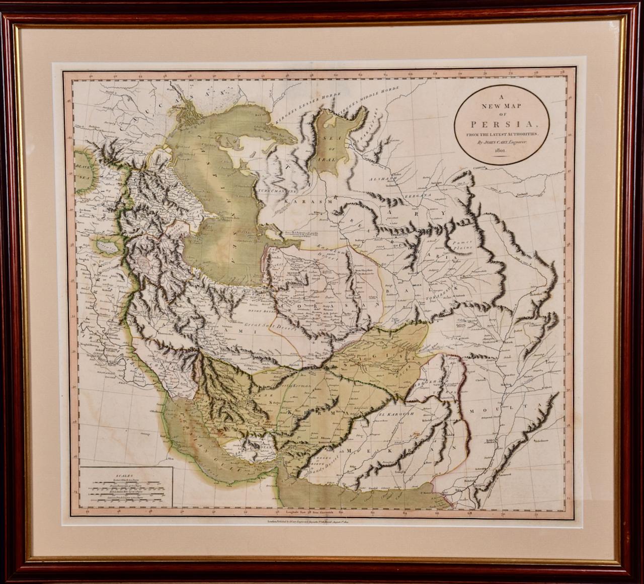 Cette carte colorée et détaillée du début du XVIIIe siècle, gravée sur cuivre par John Cary et intitulée "A New Map of Persia from the Latest Authorities" a été publiée à Londres en 1801. Il représente la Perse, la région de l'Afghanistan actuel, la