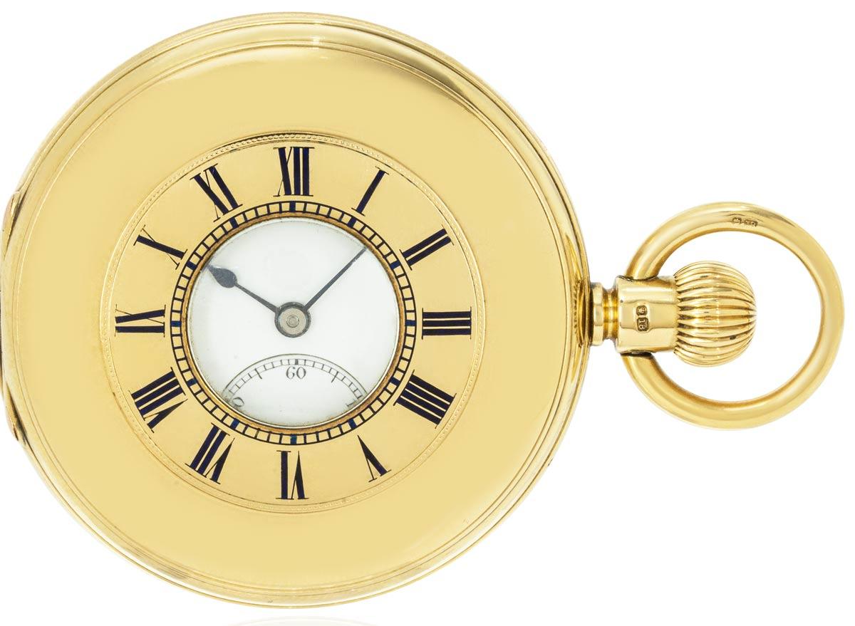 John Cashmore. A Fine Heavy 18ct Yellow Gold Keyless Lever Half Hunter Pocket Watch, C1920.

Dial: The perfect white enamel dial with Roman numerals outer minute track with subsidiary seconds dial at six o'clock. The dial fully signed John Cashmore