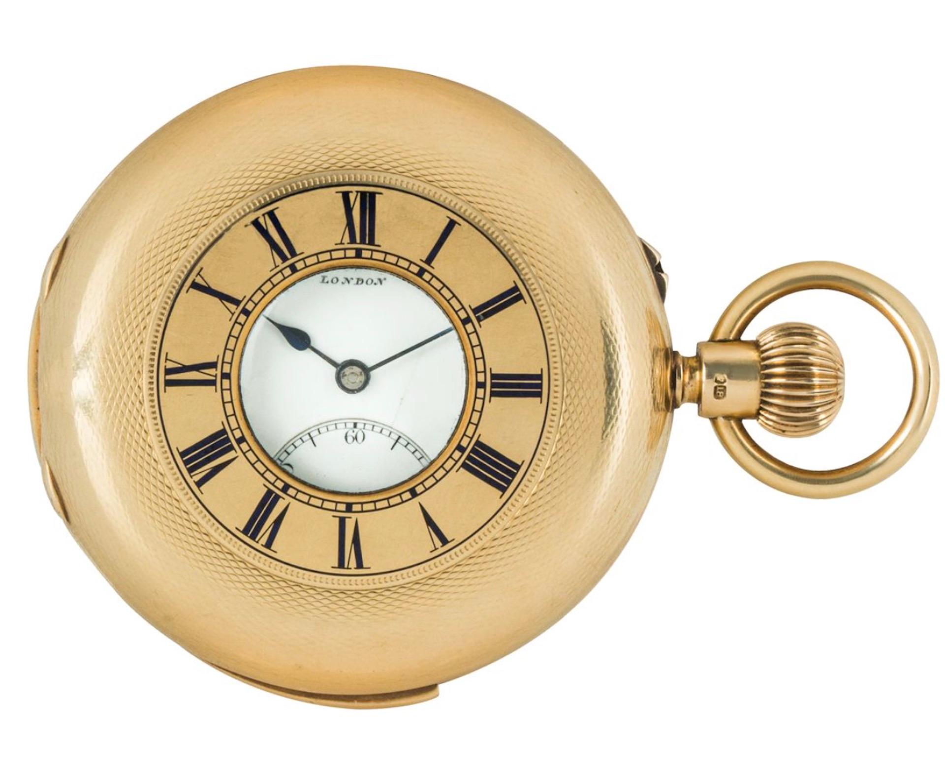 A John Cashmore 18ct yellow gold, half quarter repeater keyless lever half hunter pocket watch, C1893.

Dial: The white enamel Roman numeral dial with subsidiary seconds dial outer minute track signed John Cashmore London. The original blued steel