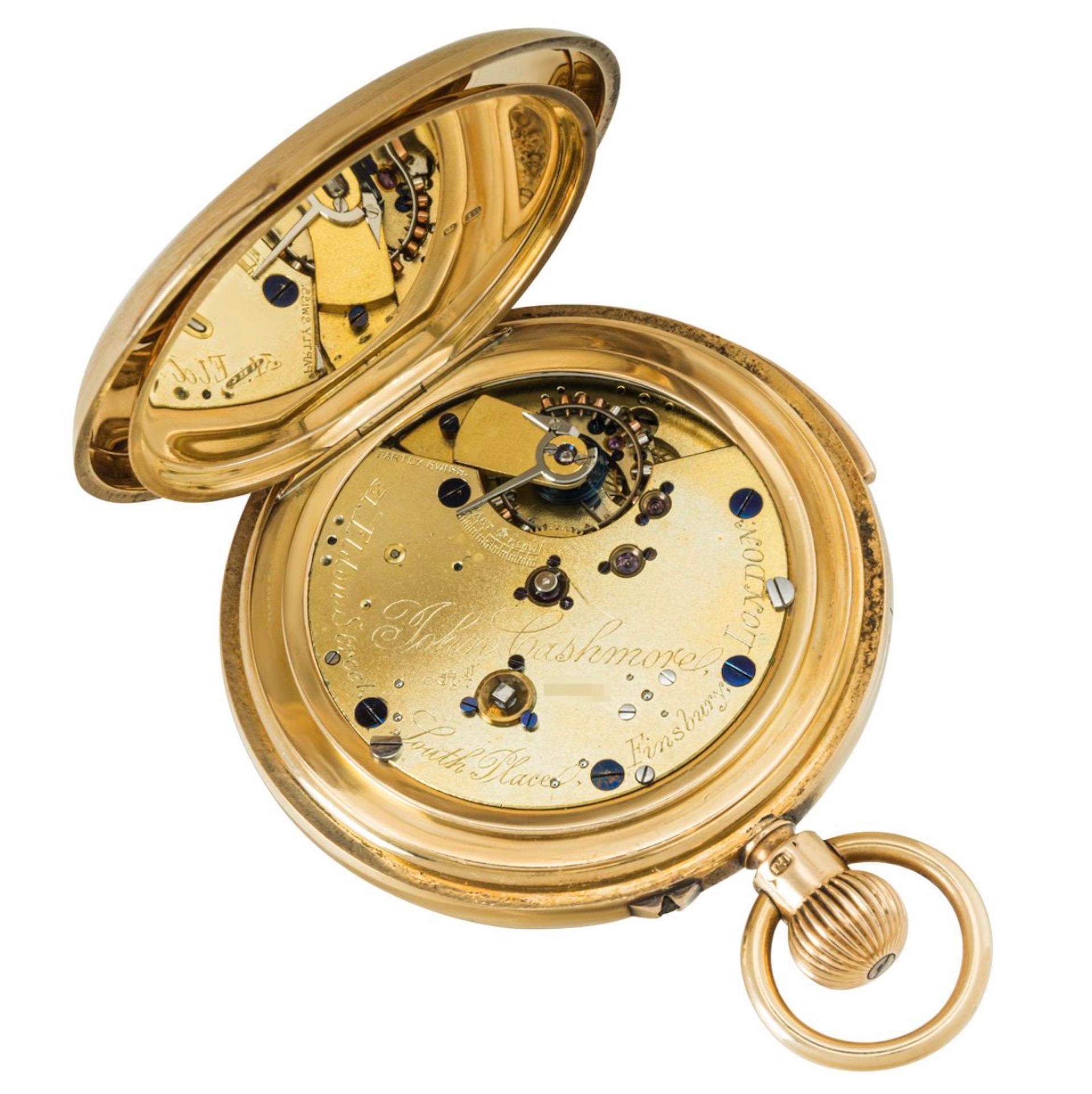John Cashmore Yellow Gold Half Quarter Repeater Keyless Lever Pocket Watch C1893 In Excellent Condition For Sale In London, GB