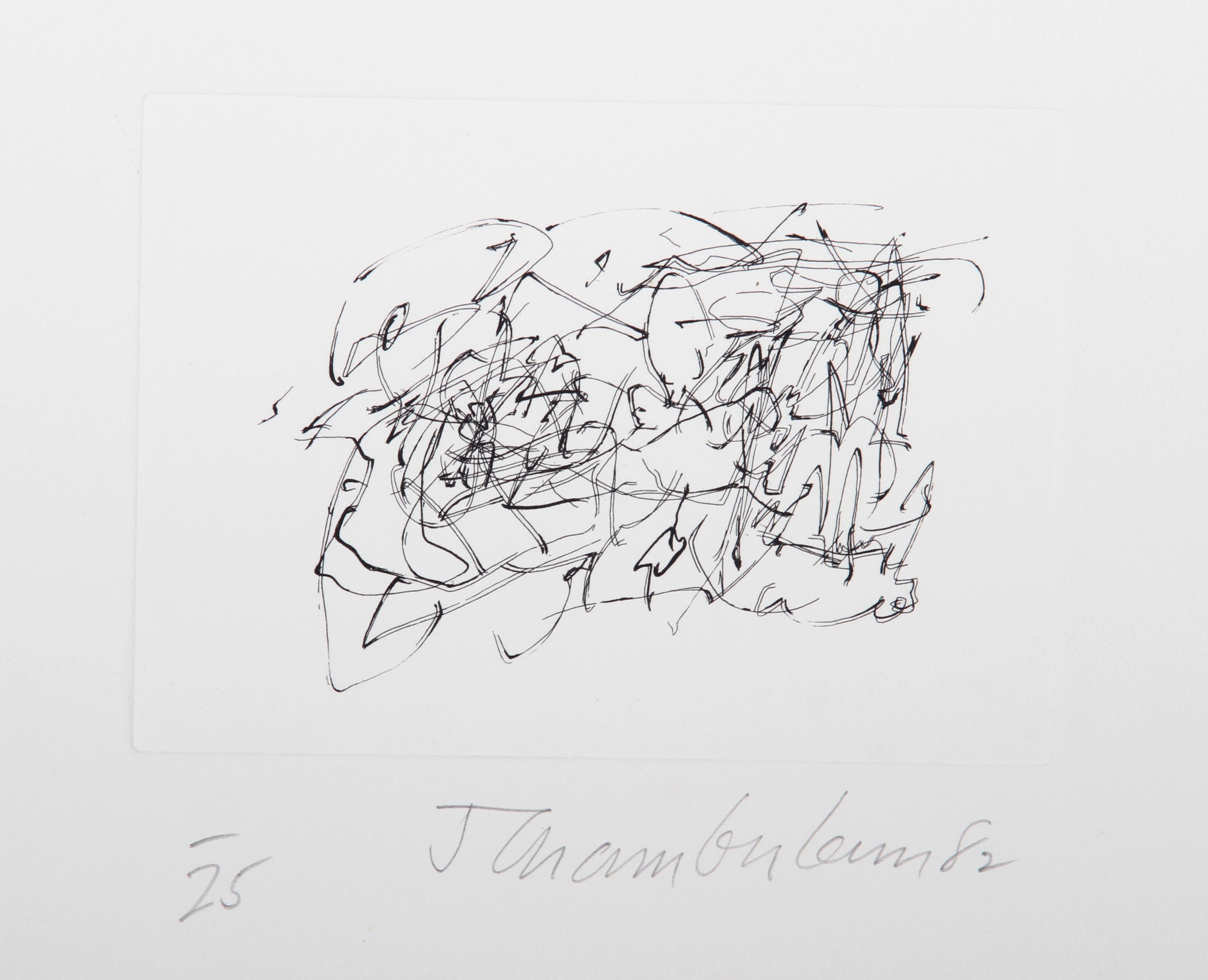 A print from John Chamberlain's portfolio "Ten Coconuts". Although known widely for his sculptural work, John Chamberlain was a prolific printmaker.  The etching is hand-signed and numbered from the edition of 25. 