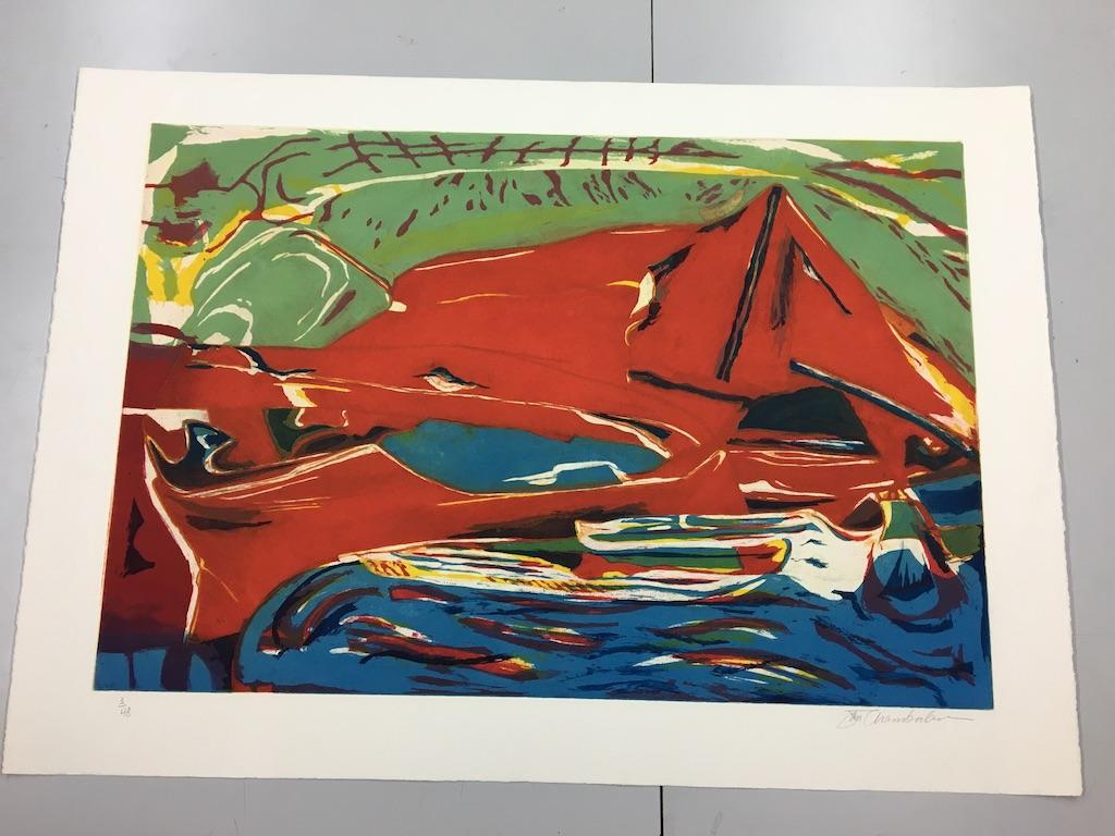 A very good impression of this color aquatint on Arches. Signed and numbered 3/48 in pencil by Chamberlain. Published by Novak Graphics, Toronto, with the black ink stamp, verso, and the blind stamp, lower right. Colors are bold and bright.
