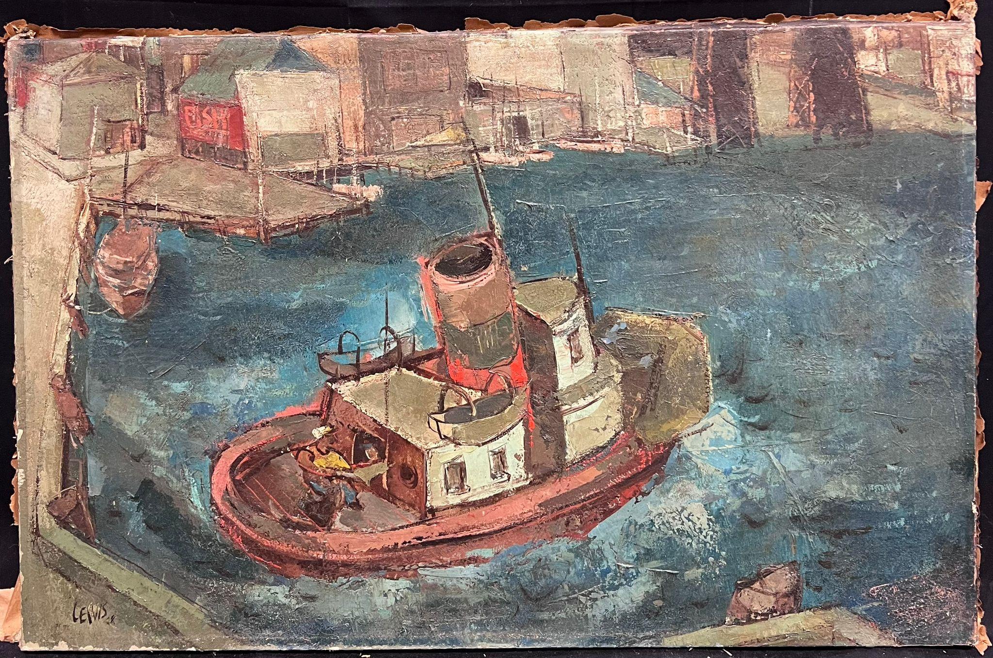 Barca da pesca nel porto di New York 1948 Pittura ad olio firmata originale Modernista - Painting di John Chapman LEWIS (1920-1994)