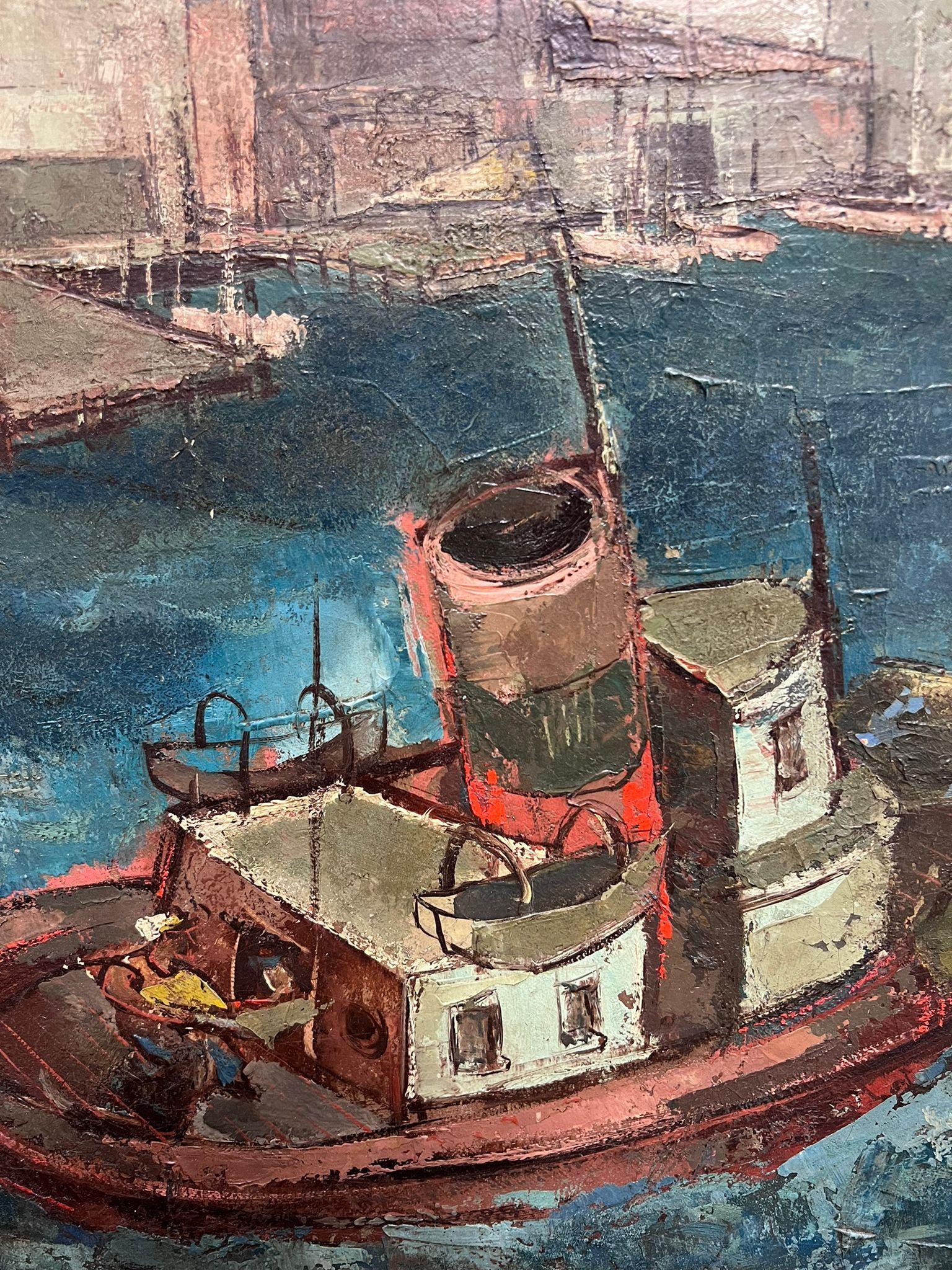 Barca da pesca nel porto di New York 1948 Pittura ad olio firmata originale Modernista - Painting Moderno di John Chapman LEWIS (1920-1994)