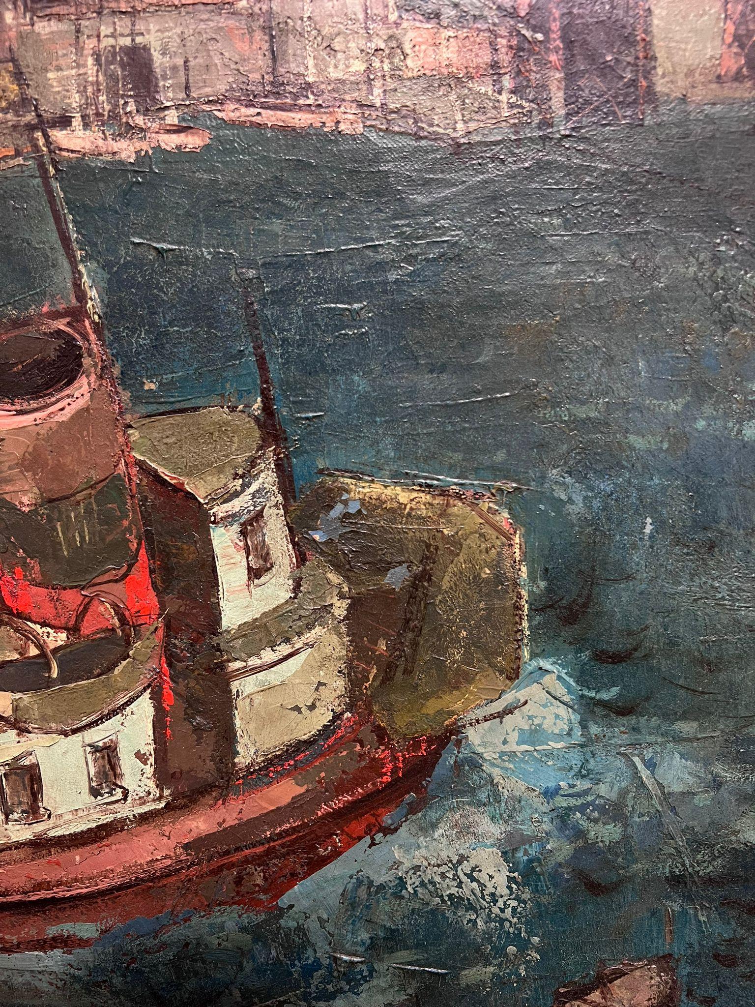 Barca da pesca nel porto di New York 1948 Pittura ad olio firmata originale Modernista - Figurative Painting Grigio di John Chapman LEWIS (1920-1994)