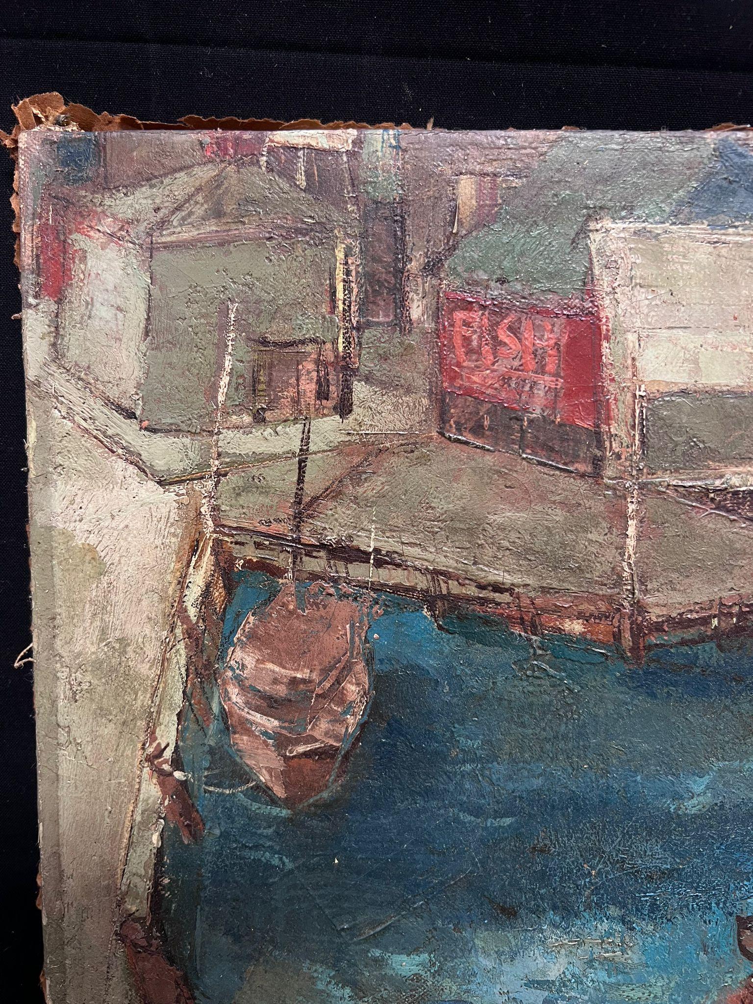 Barca da pesca nel porto di New York 1948 Pittura ad olio firmata originale Modernista in vendita 1