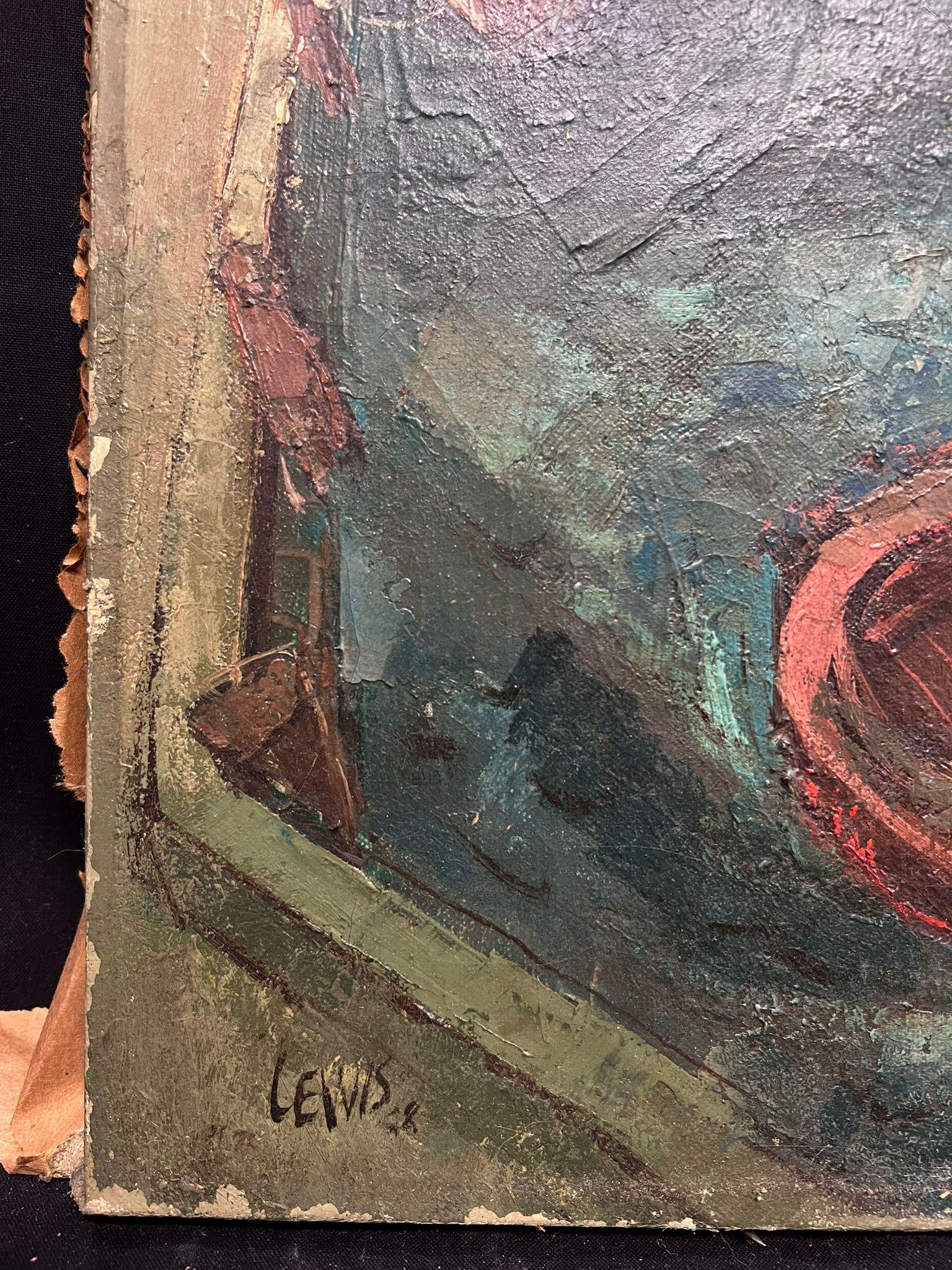 Barca da pesca nel porto di New York 1948 Pittura ad olio firmata originale Modernista in vendita 2