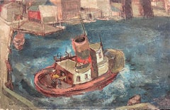 Fishing Boat in New York Harbor 1948 Original Signed Oil Painting Modernist