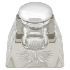 John Charles Grinsell Antique Edwardian Cut Glass and Sterling Silver Inkwell