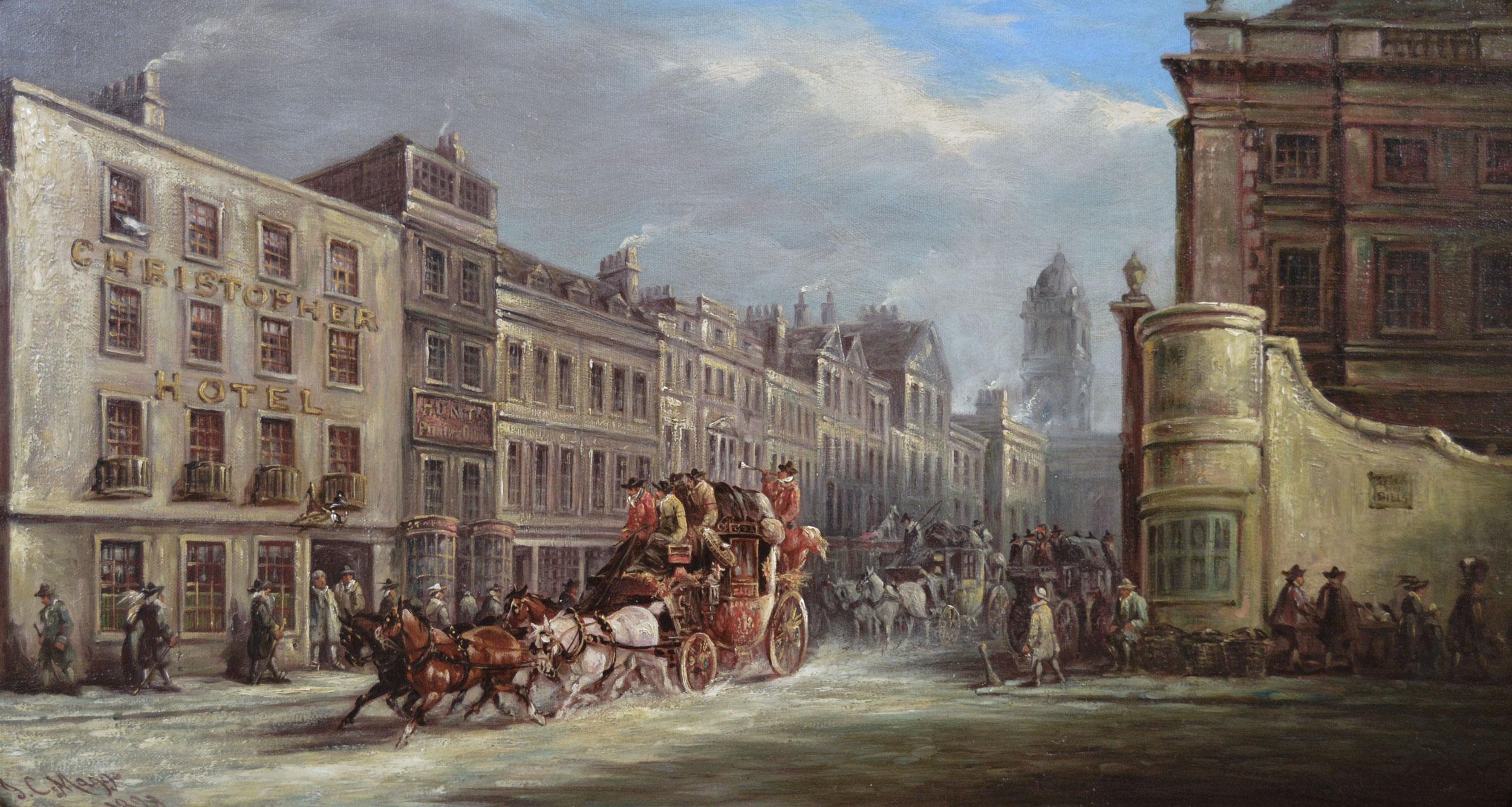19th Century coaching scene oil painting of Bath High Street  - Painting by John Charles Maggs