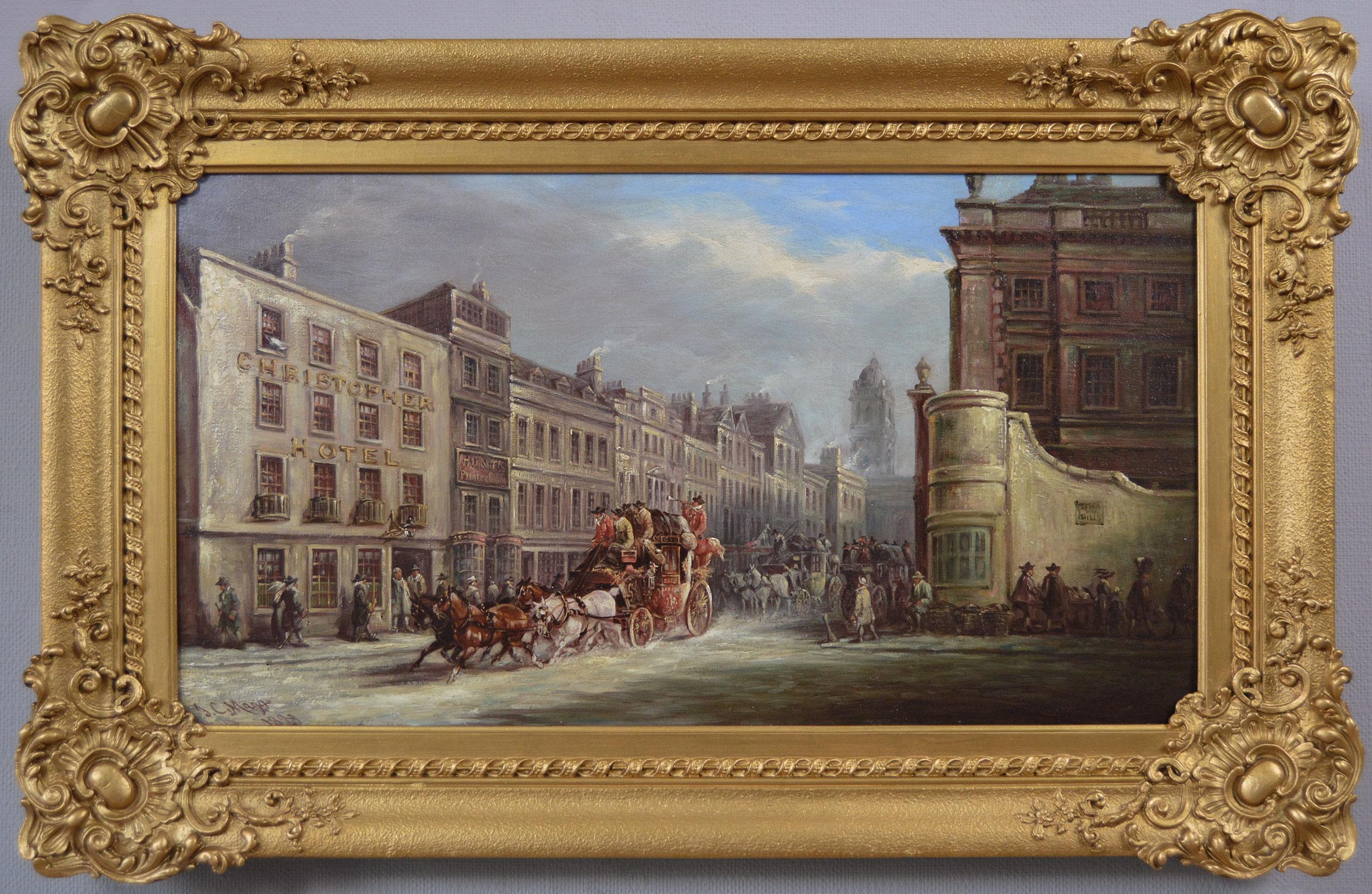 John Charles Maggs Landscape Painting - 19th Century coaching scene oil painting of Bath High Street 
