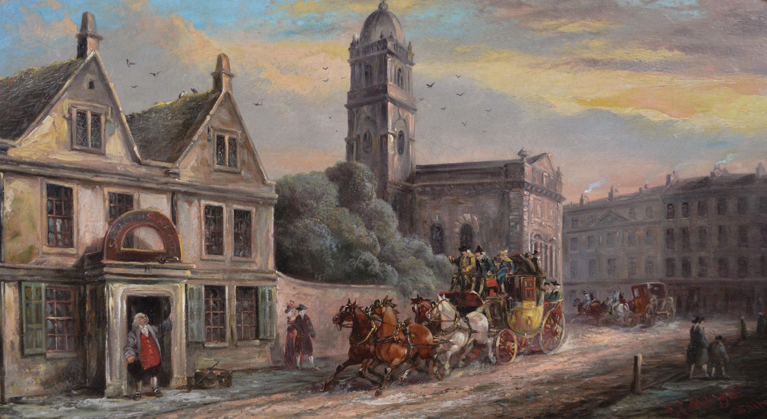 19th Century coaching scene oil painting outside a Bath inn - Painting by John Charles Maggs
