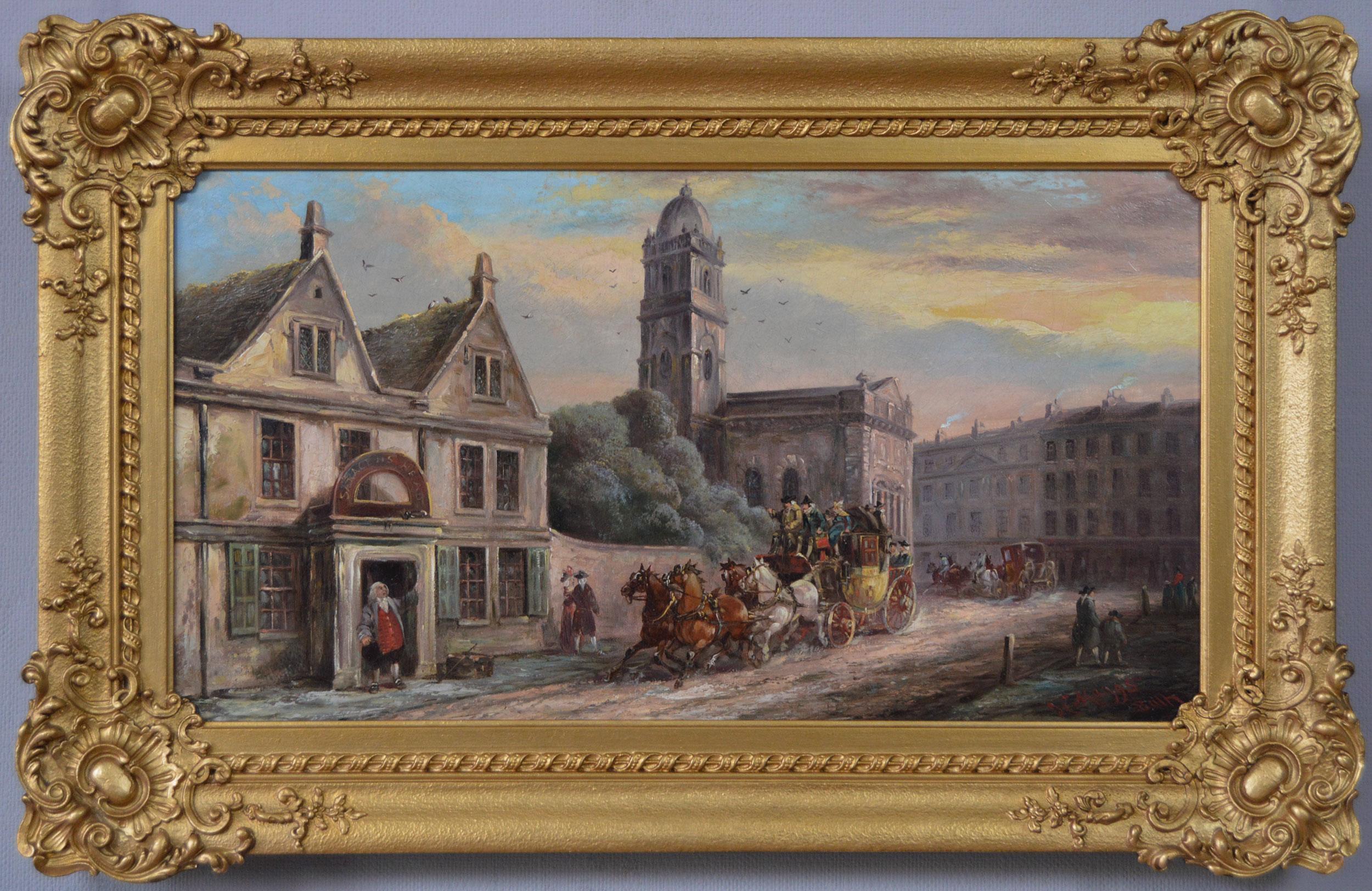 John Charles Maggs Landscape Painting - 19th Century coaching scene oil painting outside a Bath inn